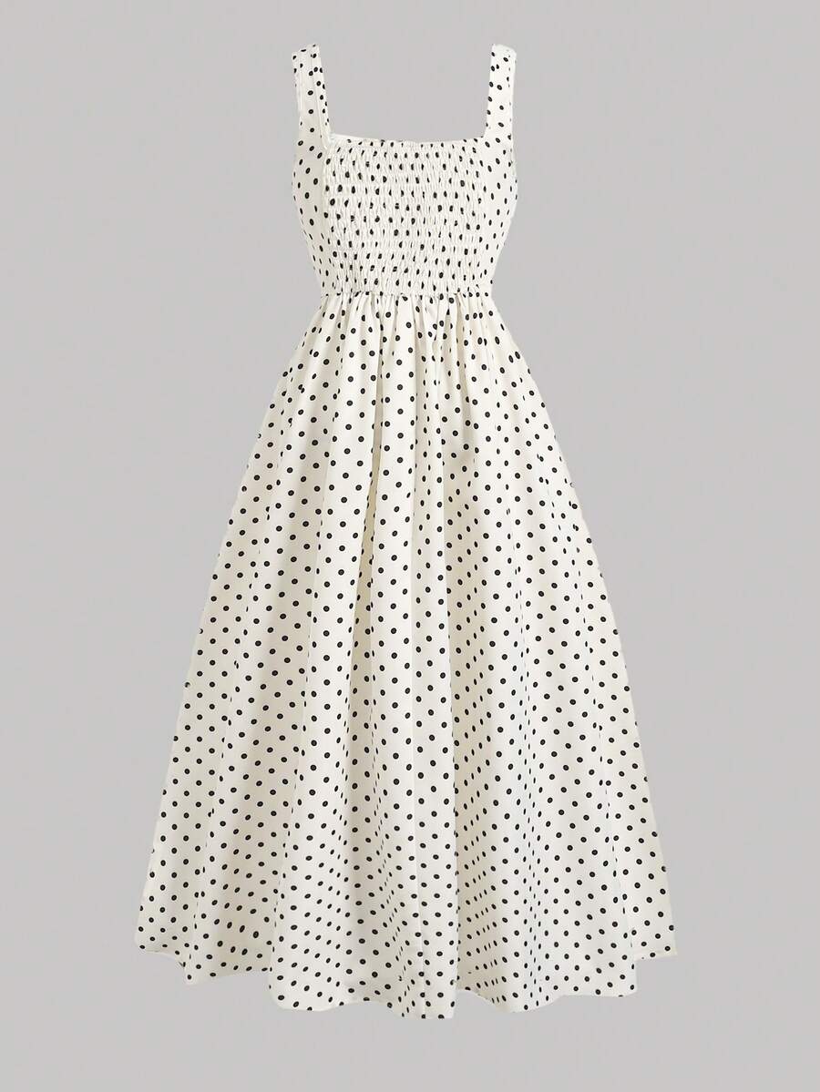 Tween girls apricot polka dot long cami dress with shoulder straps, high waist, and flared A-line skirt.