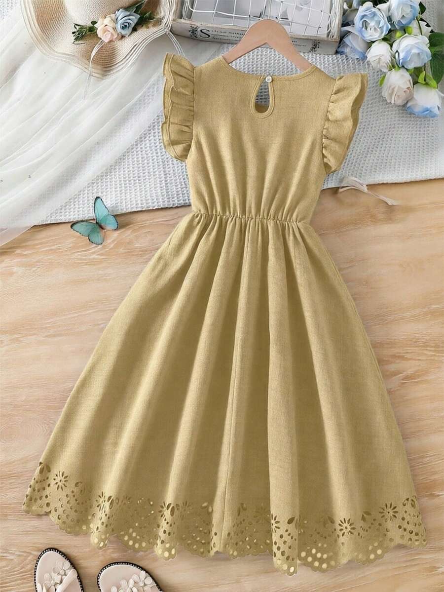 Tween girls dusty blue casual A-line dress with round neck, ruffle accents, high waist, and flared hem.
