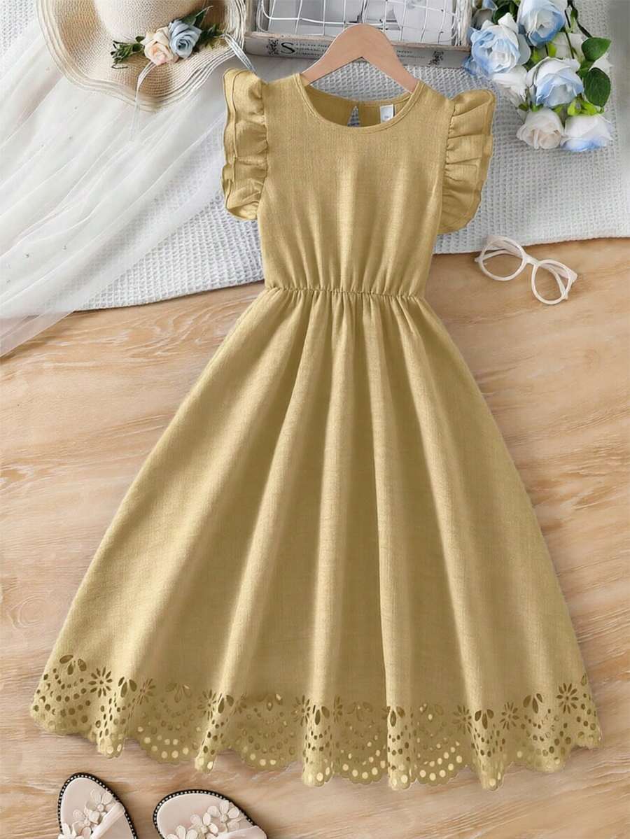 Tween girls dusty blue casual A-line dress with round neck, ruffle accents, high waist, and flared hem.