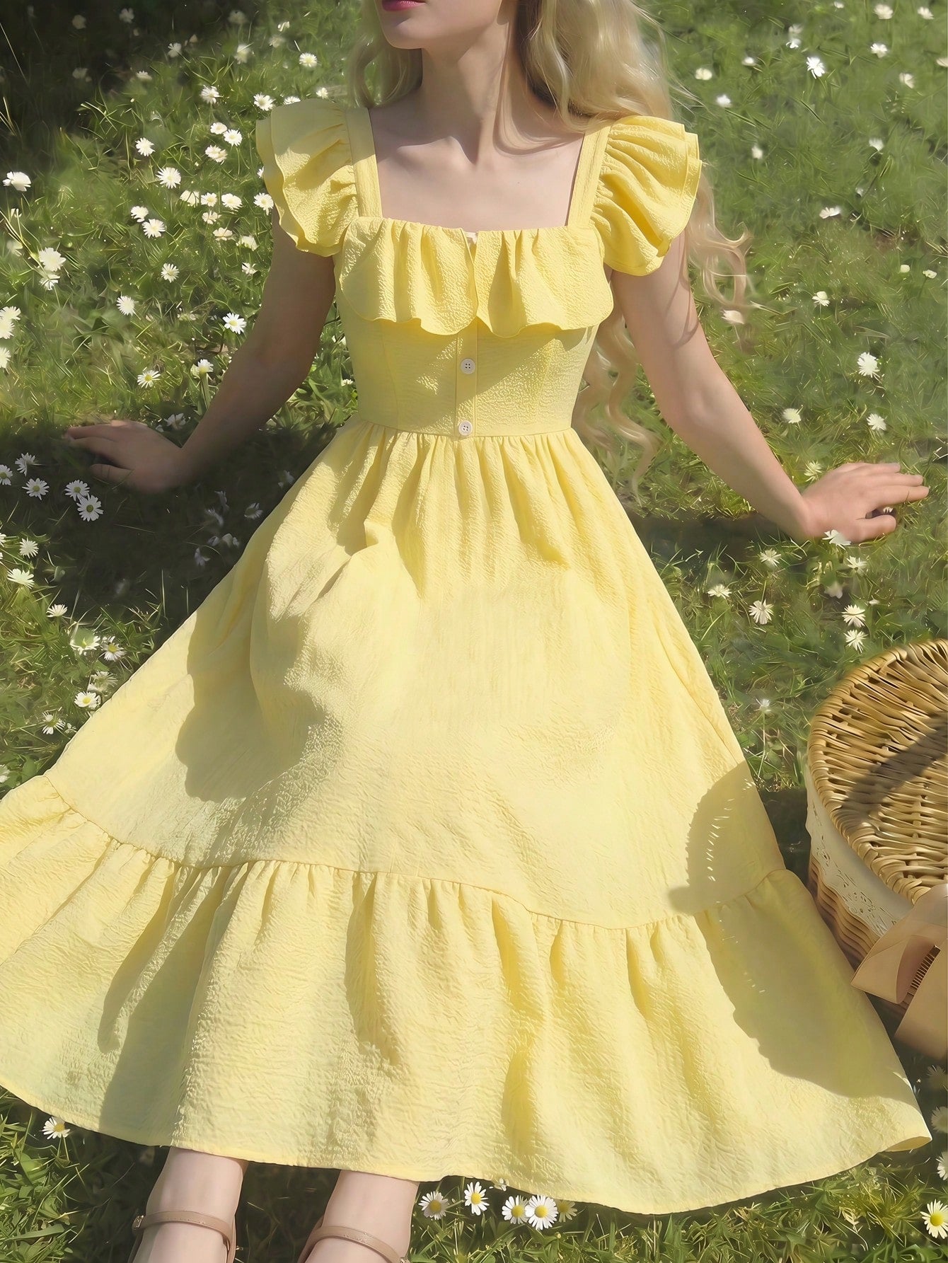 Tween girl multicolor floral vacation dress with square neck, ruffle details, shirred bodice, sleeveless A-line shape, high waist, and flounce hem.