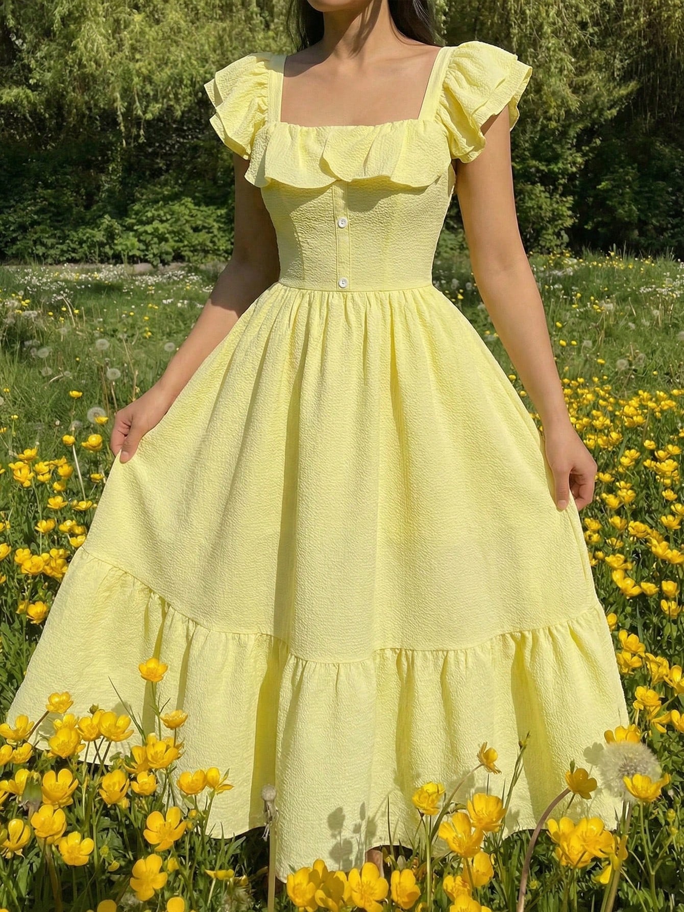 Tween girl multicolor floral vacation dress with square neck, ruffle details, shirred bodice, sleeveless A-line shape, high waist, and flounce hem.