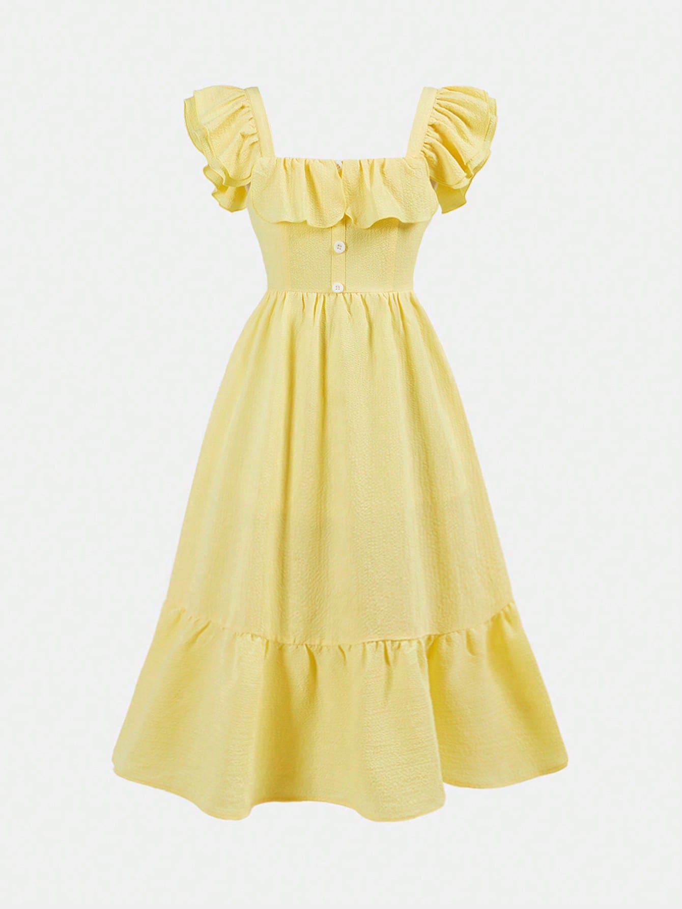 Tween girl multicolor floral vacation dress with square neck, ruffle details, shirred bodice, sleeveless A-line shape, high waist, and flounce hem.