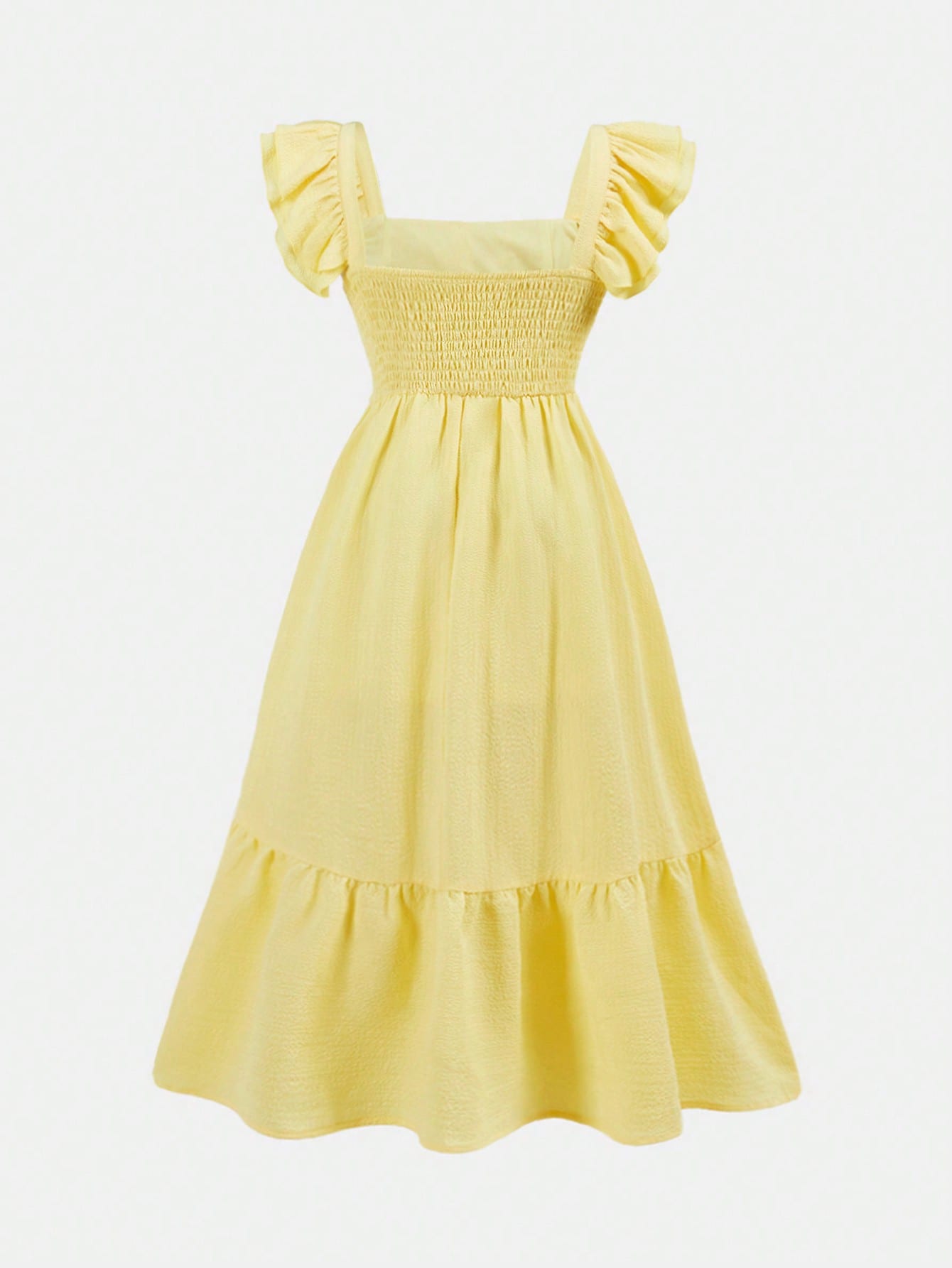 Tween girl multicolor floral vacation dress with square neck, ruffle details, shirred bodice, sleeveless A-line shape, high waist, and flounce hem.