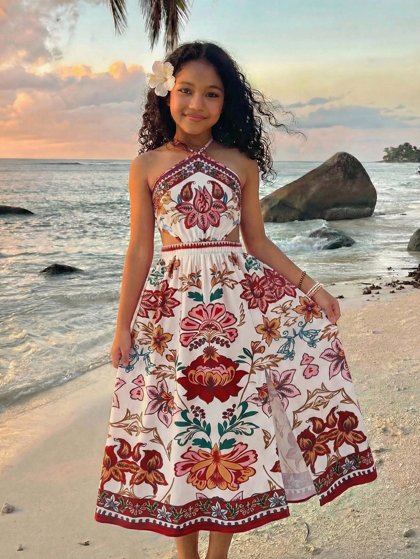 Tween girls floral halter dress with backless sleeveless design, belted high waist, shirred details, appliques, and flared A-line midi silhouette for summer vacation or graduation outfit.