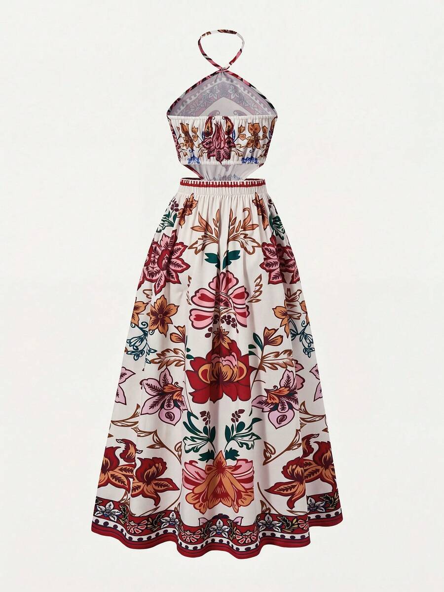 Tween girls floral halter dress with backless sleeveless design, belted high waist, shirred details, appliques, and flared A-line midi silhouette for summer vacation or graduation outfit.