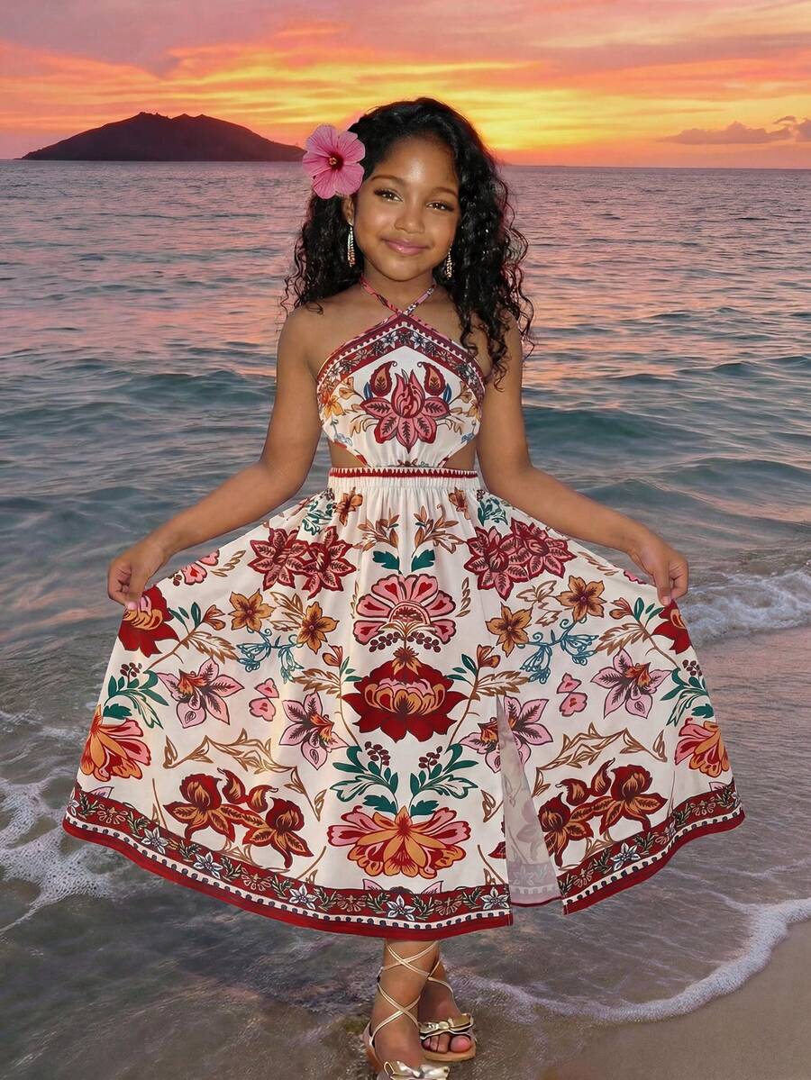 Tween girls floral halter dress with backless sleeveless design, belted high waist, shirred details, appliques, and flared A-line midi silhouette for summer vacation or graduation outfit.