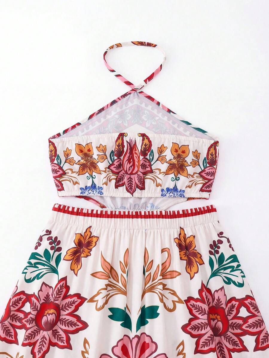 Tween girls floral halter dress with backless sleeveless design, belted high waist, shirred details, appliques, and flared A-line midi silhouette for summer vacation or graduation outfit.