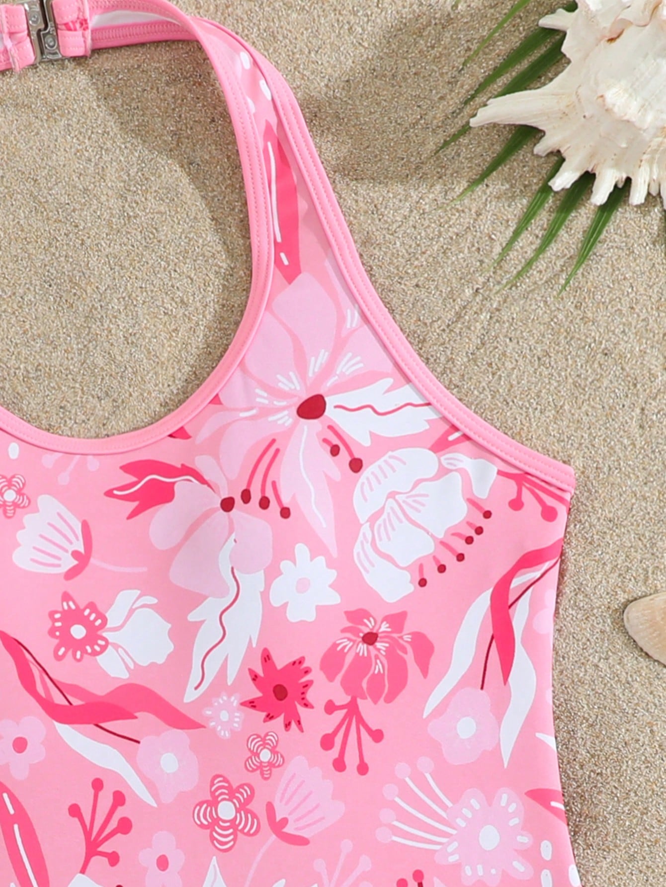 Girls 2-piece swimwear set featuring a butterfly print halter swimsuit top with contrast piping and separate mid-waist shorts; sleeveless, high-stretch, wireless design for beach and vacation wear.