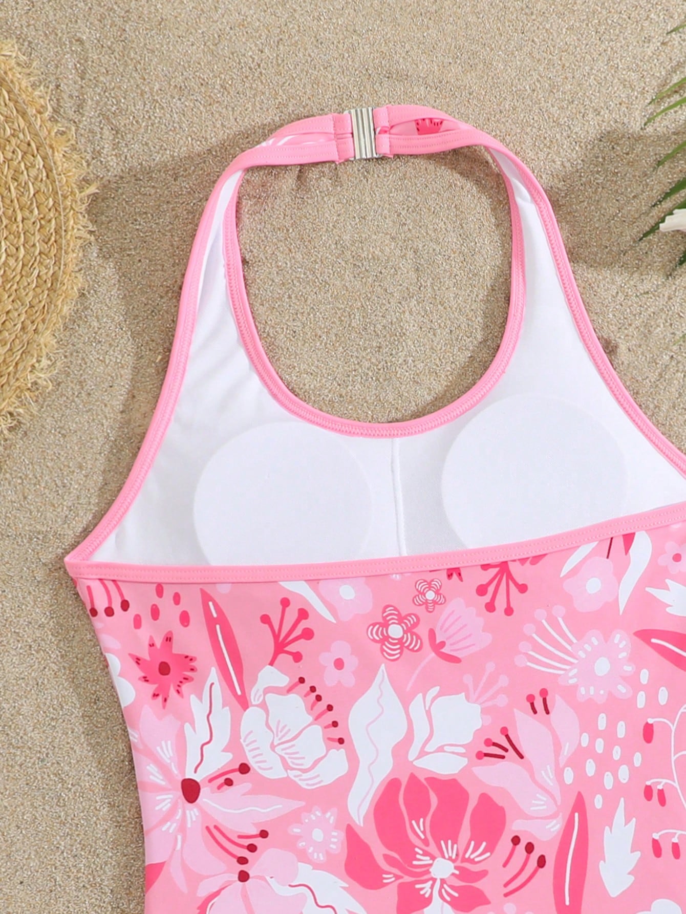 Girls 2-piece swimwear set featuring a butterfly print halter swimsuit top with contrast piping and separate mid-waist shorts; sleeveless, high-stretch, wireless design for beach and vacation wear.