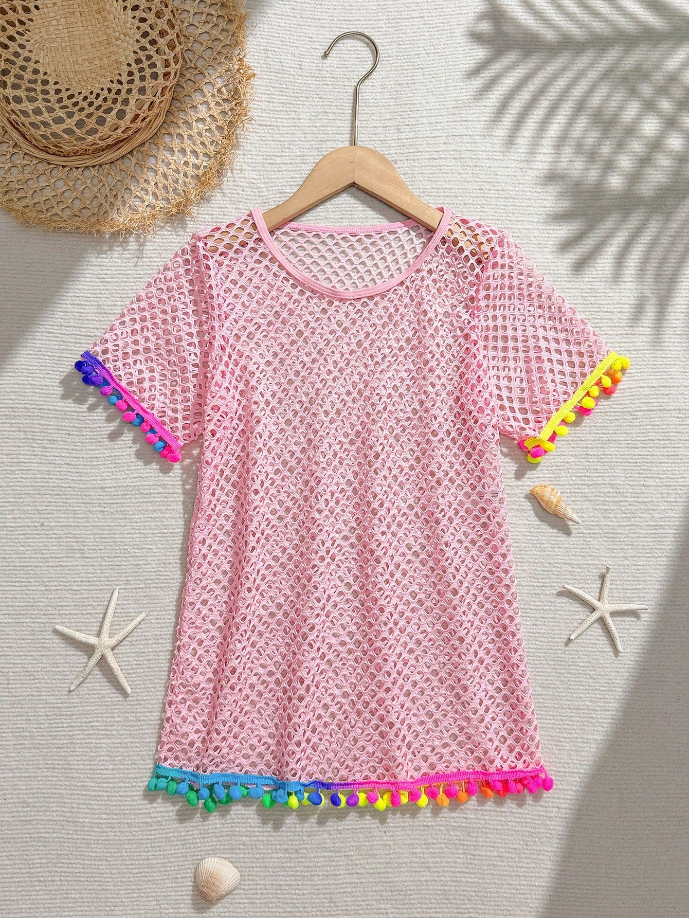 Tween Girl Fishnet Pom-Pom Decor Cover Up Summer Holiday