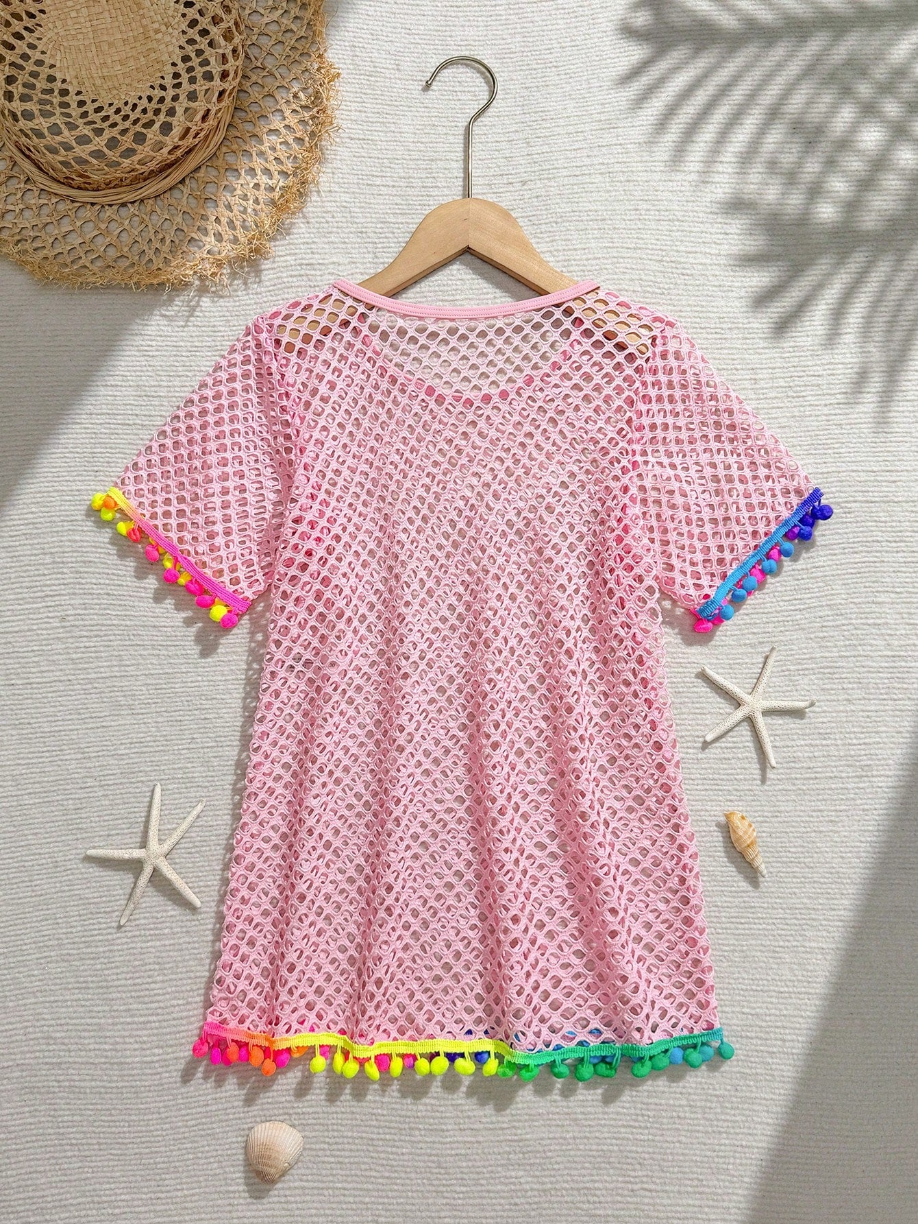Tween Girl Fishnet Pom-Pom Decor Cover Up Summer Holiday