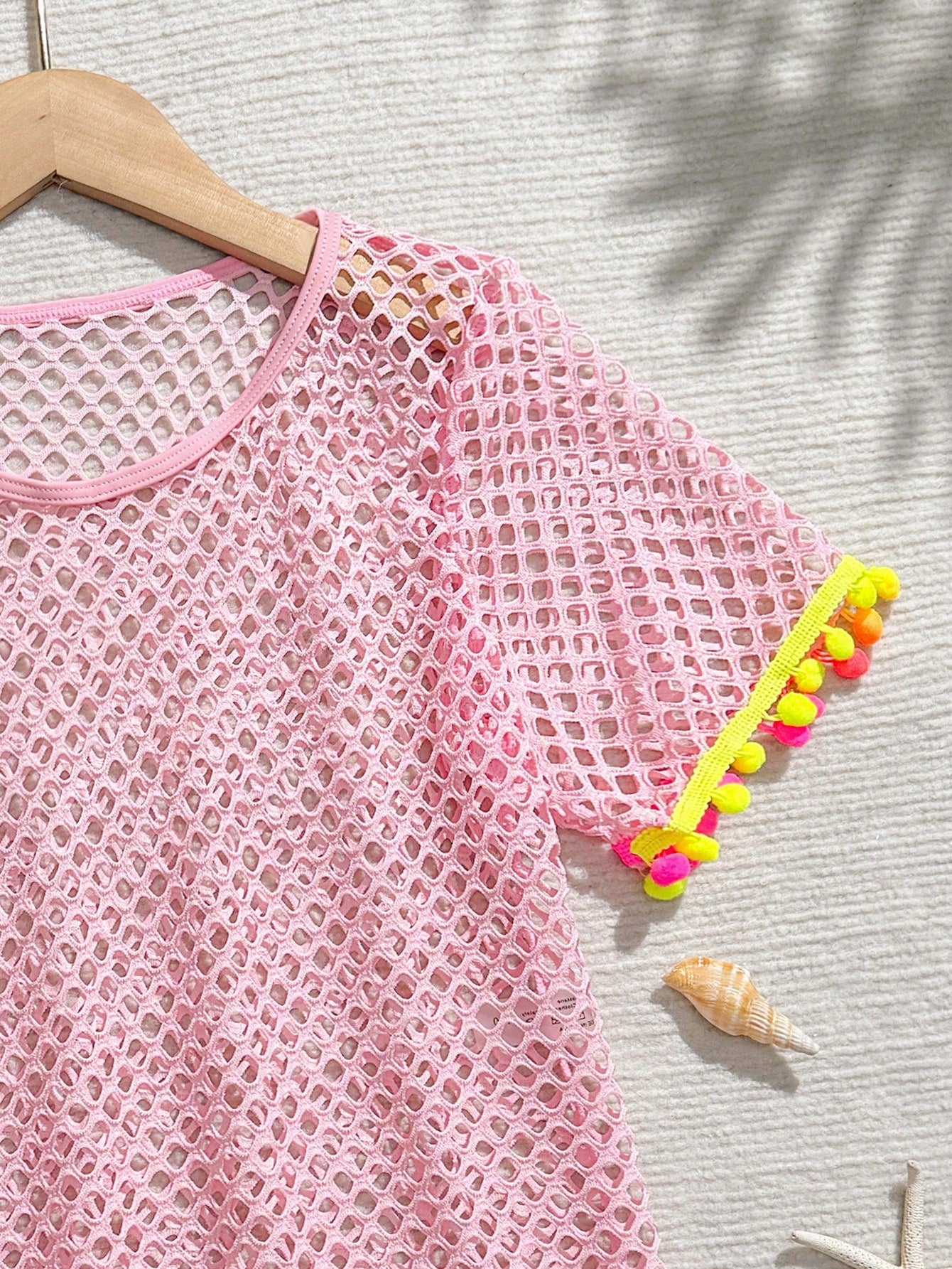 Tween Girl Fishnet Pom-Pom Decor Cover Up Summer Holiday