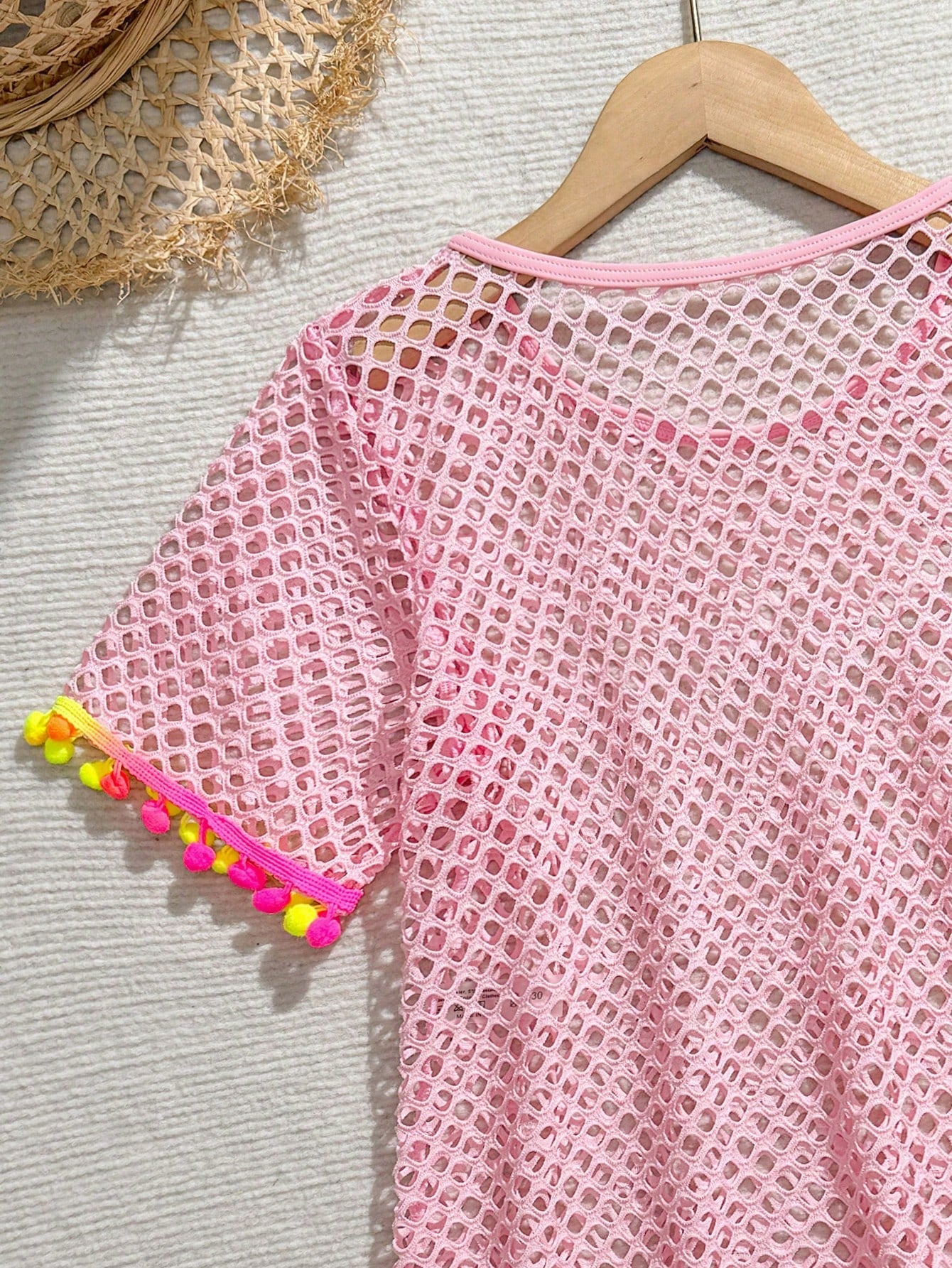 Tween Girl Fishnet Pom-Pom Decor Cover Up Summer Holiday