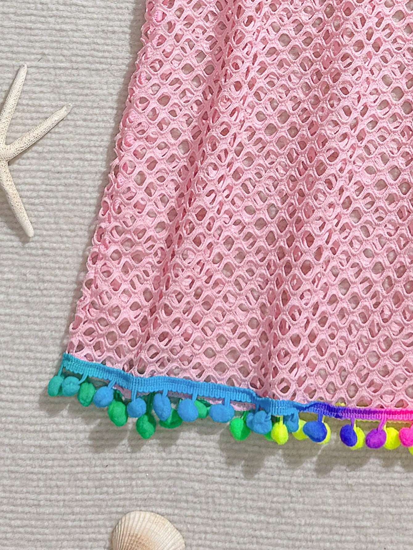 Tween Girl Fishnet Pom-Pom Decor Cover Up Summer Holiday