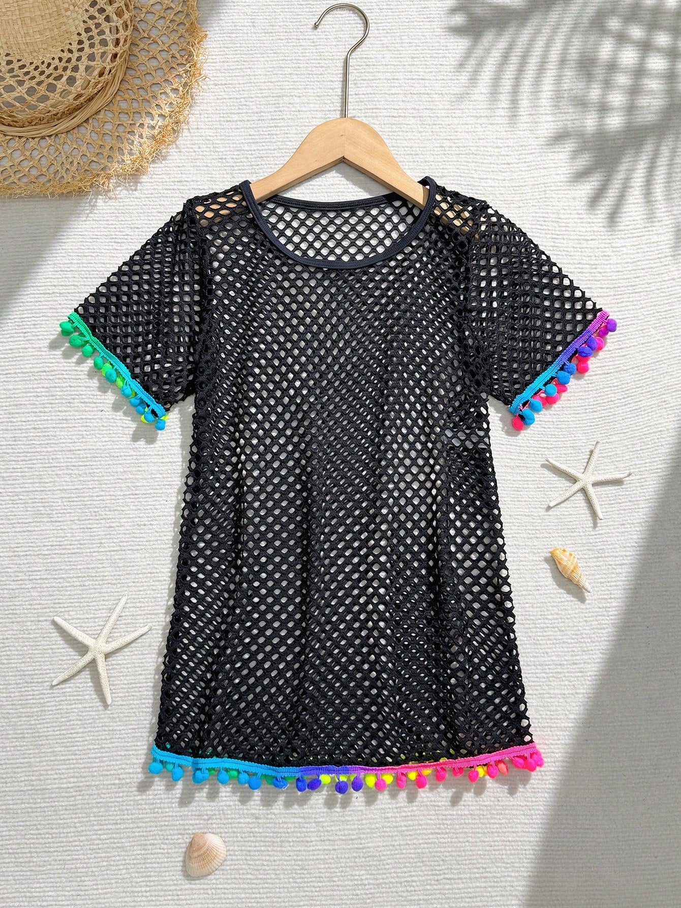 Tween Girl Fishnet Pom-Pom Decor Cover Up Summer Holiday