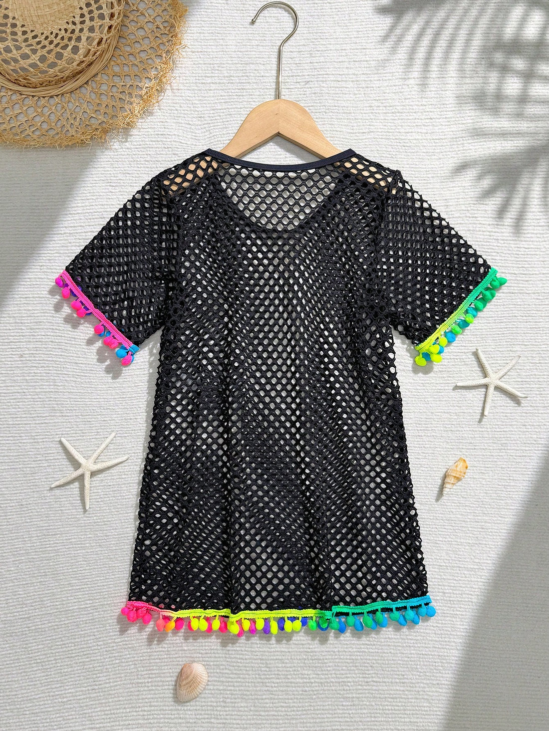 Tween Girl Fishnet Pom-Pom Decor Cover Up Summer Holiday
