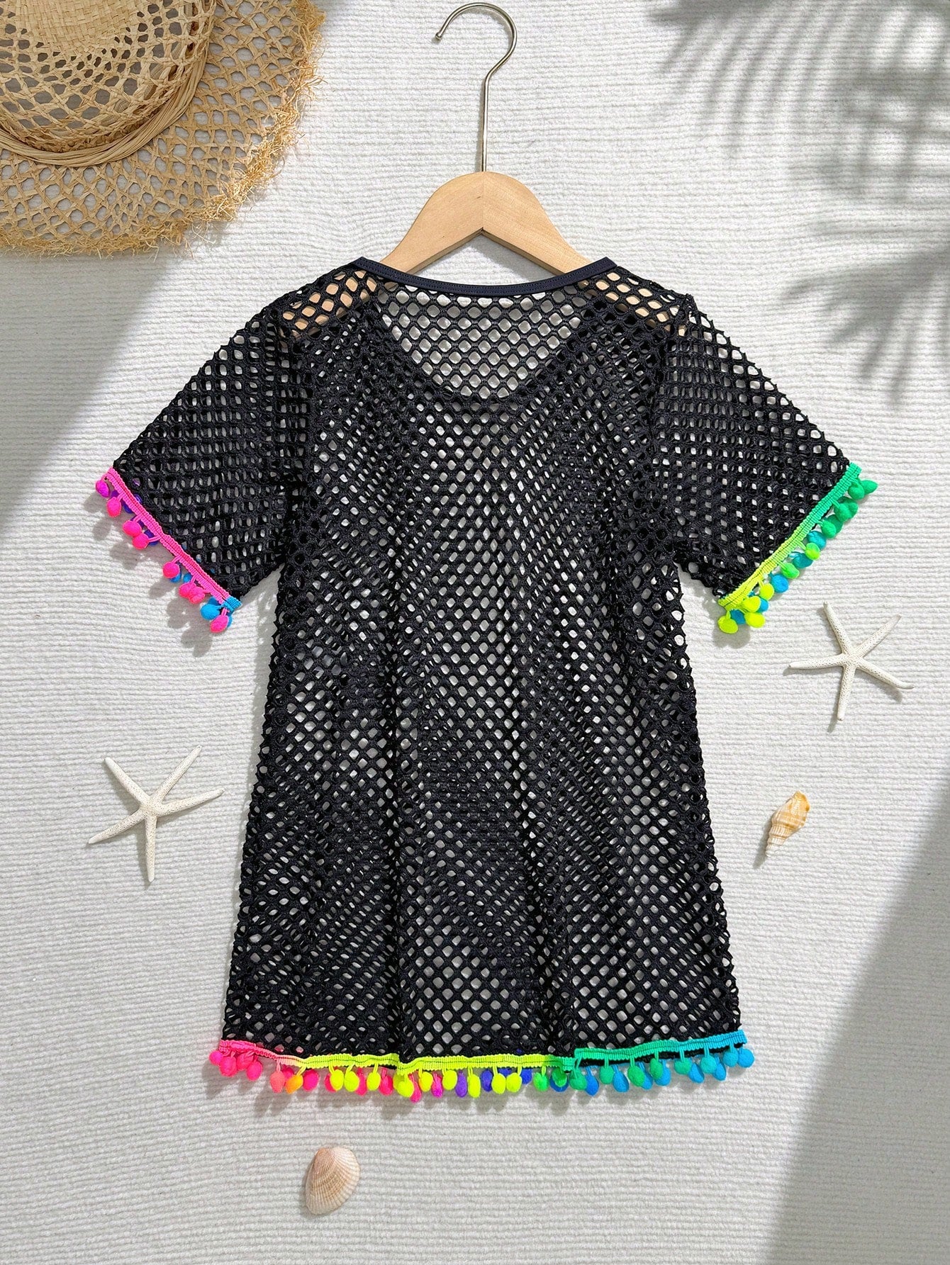 Tween Girl Fishnet Pom-Pom Decor Cover Up Summer Holiday