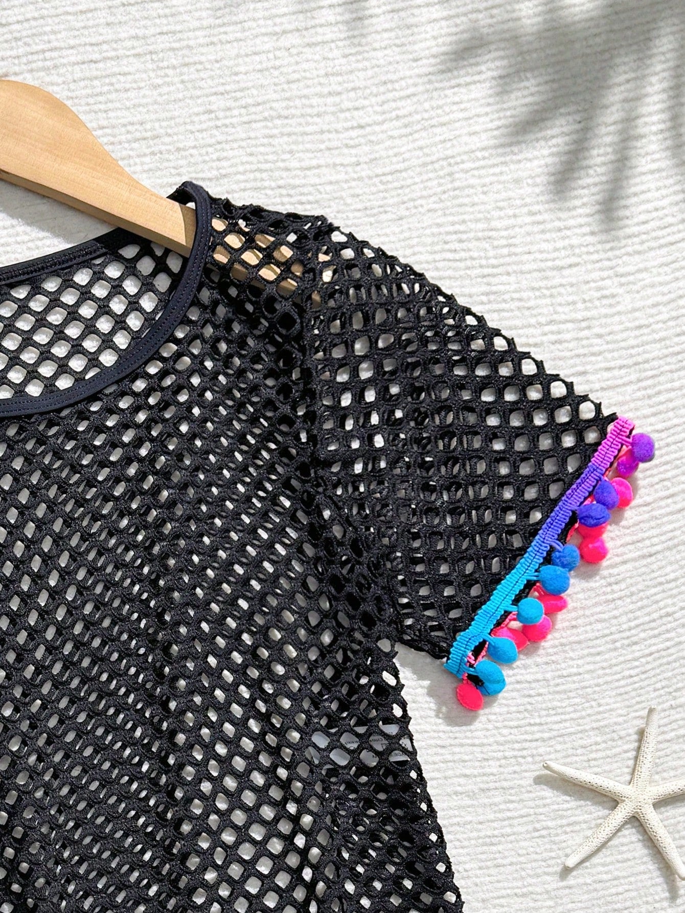 Tween Girl Fishnet Pom-Pom Decor Cover Up Summer Holiday