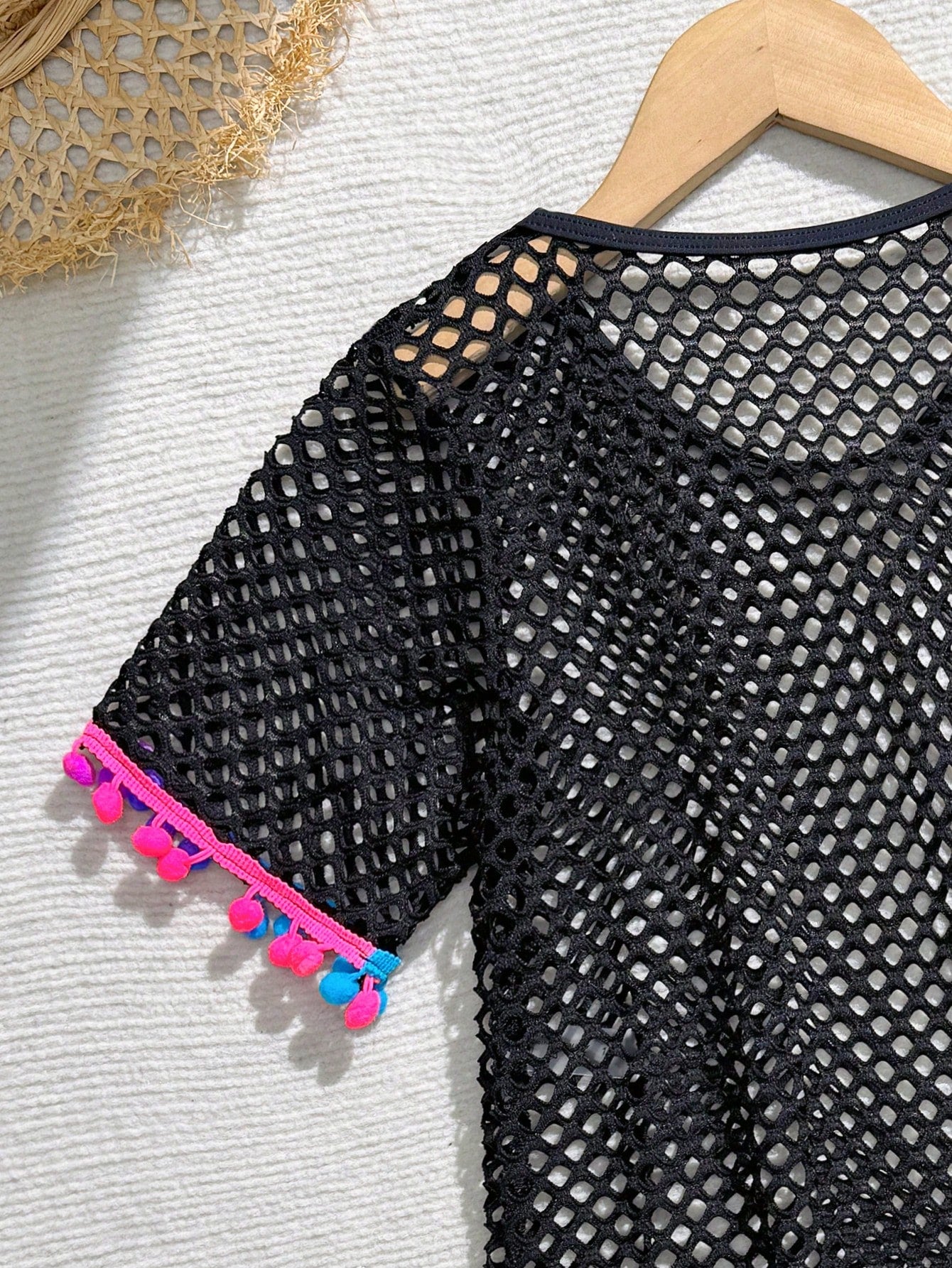 Tween Girl Fishnet Pom-Pom Decor Cover Up Summer Holiday