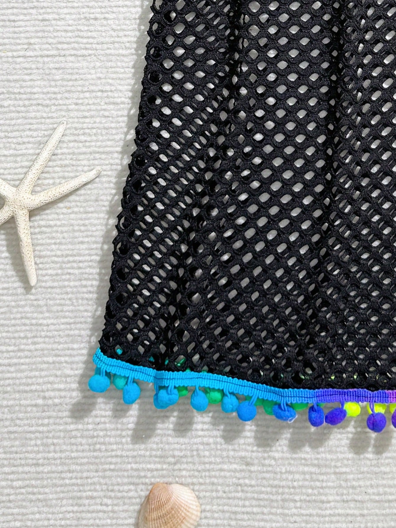 Tween Girl Fishnet Pom-Pom Decor Cover Up Summer Holiday