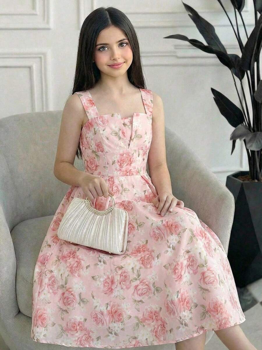 Tween girl apricot floral print midi dress with ruffle shoulder straps, shirred detail, and high waist A-line fit.