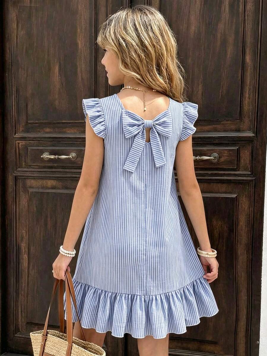 Tween girls apricot vacation midi dress featuring a round neck, cut out details, ruffle flounce accents, and geometric pattern.