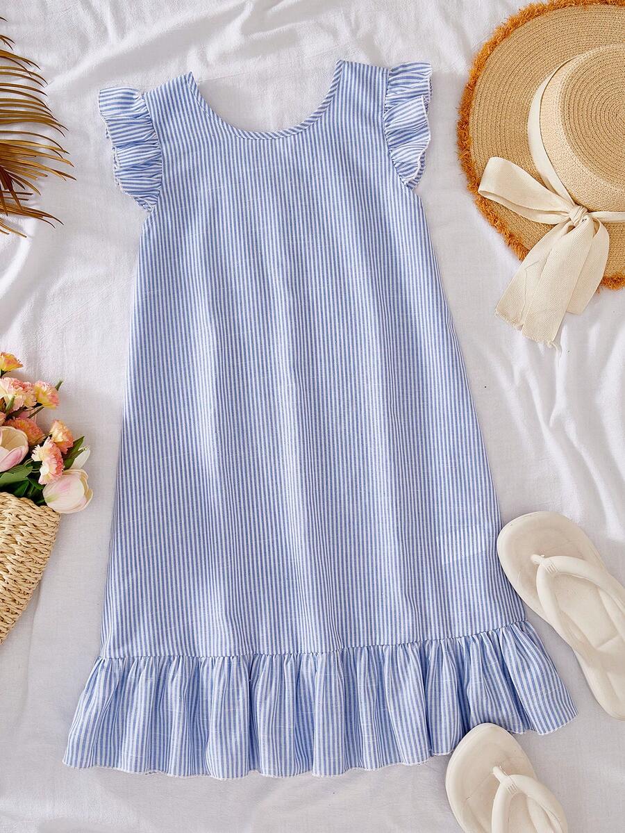 Tween girls apricot vacation midi dress featuring a round neck, cut out details, ruffle flounce accents, and geometric pattern.