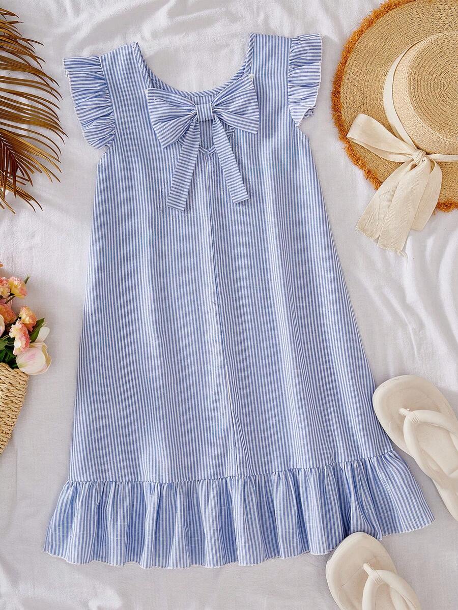 Tween girls apricot vacation midi dress featuring a round neck, cut out details, ruffle flounce accents, and geometric pattern.