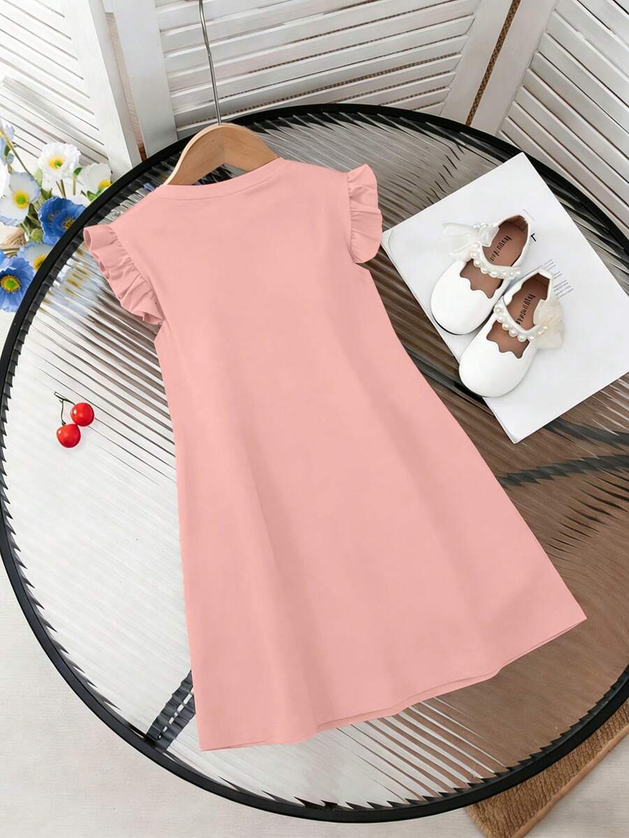Girls black ruffle sleeve midi dress featuring a loose fit tunic silhouette, round neckline, button details, and short flounce sleeves.