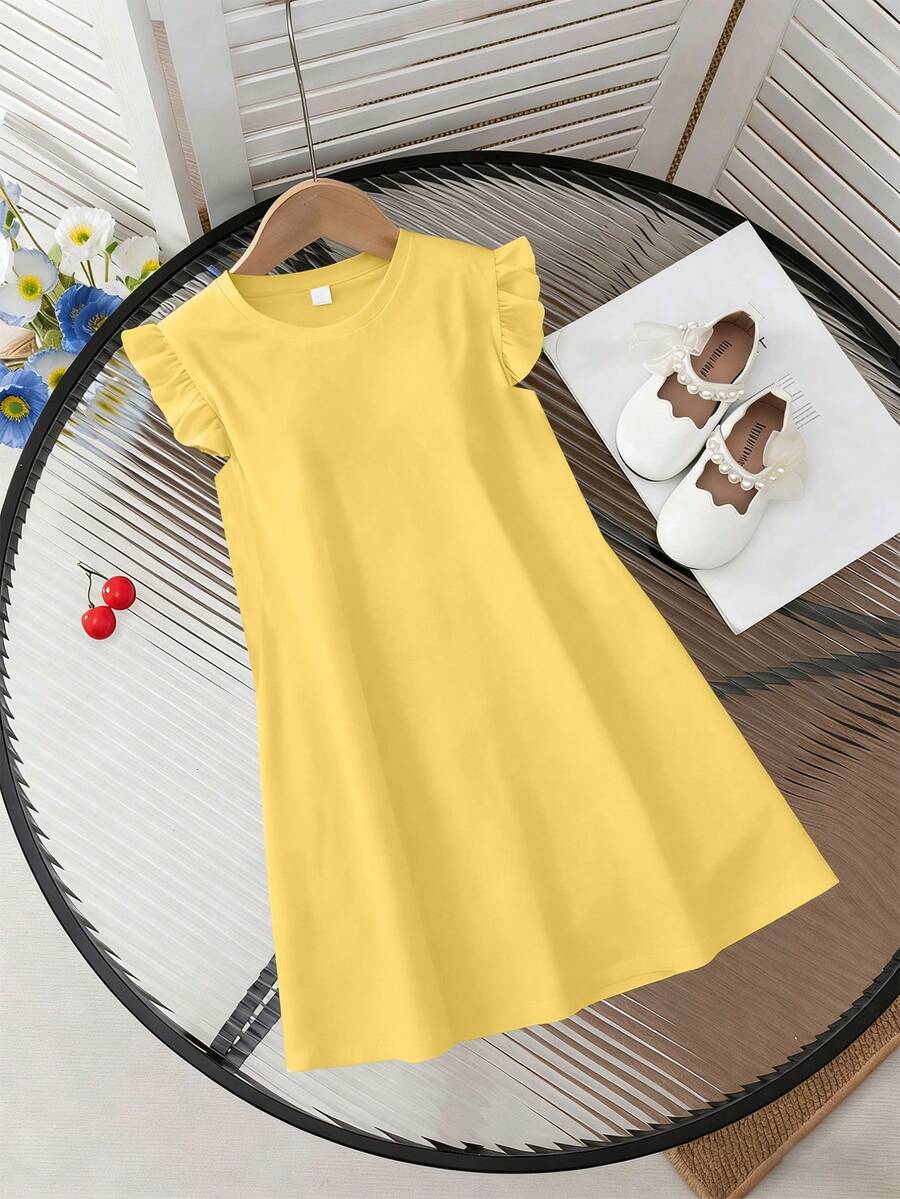 Girls black ruffle sleeve midi dress featuring a loose fit tunic silhouette, round neckline, button details, and short flounce sleeves.