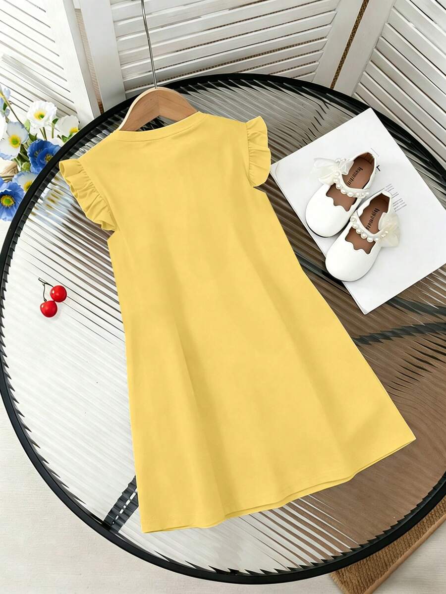 Girls black ruffle sleeve midi dress featuring a loose fit tunic silhouette, round neckline, button details, and short flounce sleeves.