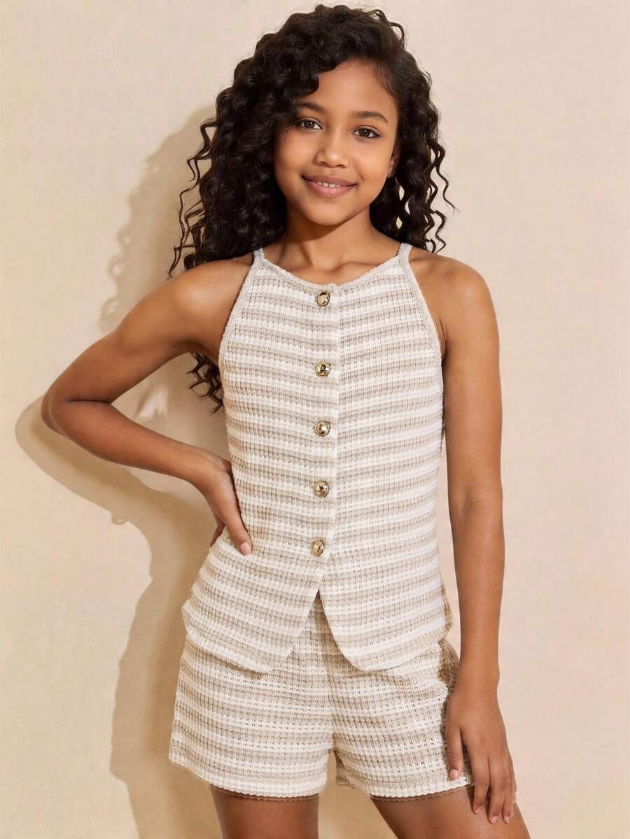 Tween girls apricot striped knit camisole top with button front paired with matching casual elastic waist shorts
