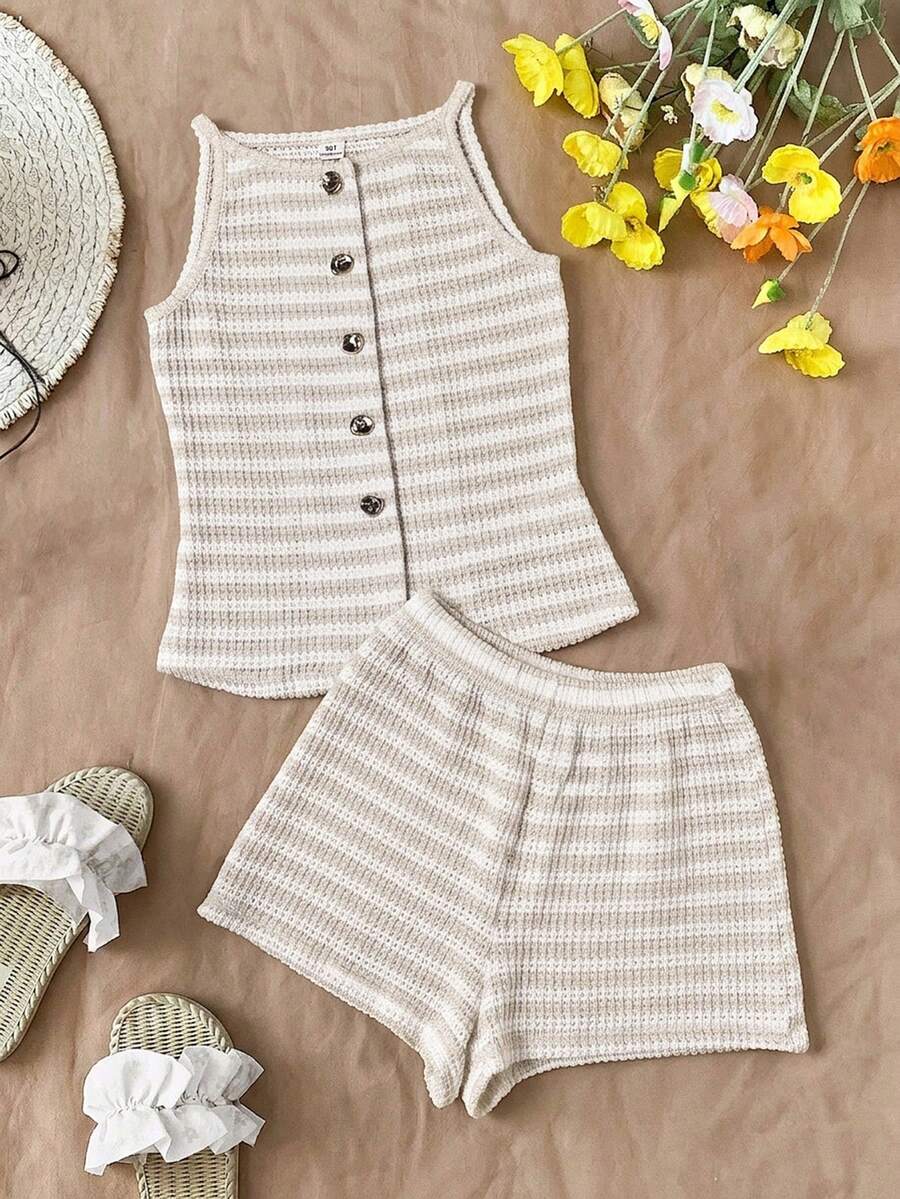Tween girls apricot striped knit camisole top with button front paired with matching casual elastic waist shorts