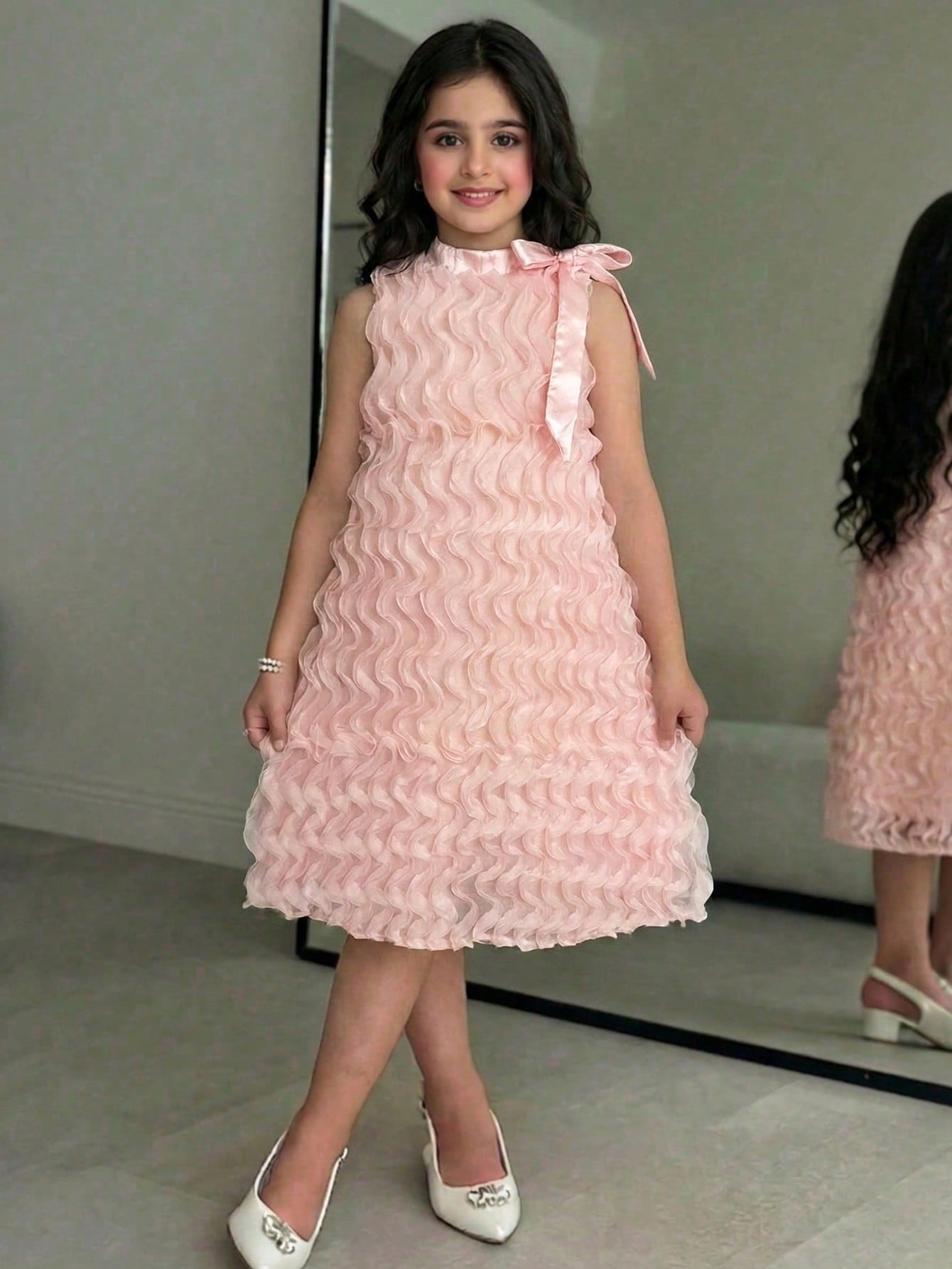Apricot sleeveless embroidery mesh tunic princess dress for tween girls featuring appliques, stand collar, zipper closure, and short straight hem.