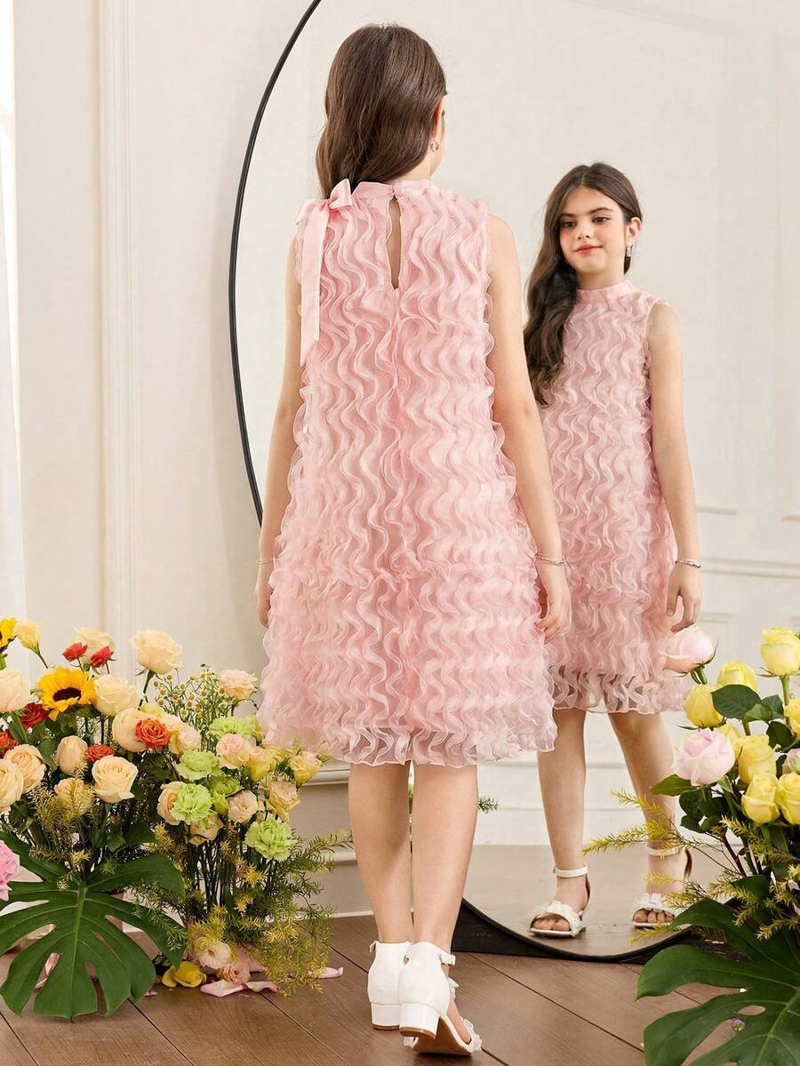 Apricot sleeveless embroidery mesh tunic princess dress for tween girls featuring appliques, stand collar, zipper closure, and short straight hem.
