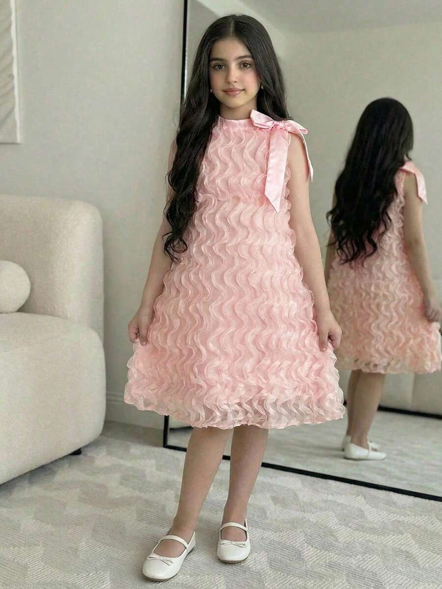 Apricot sleeveless embroidery mesh tunic princess dress for tween girls featuring appliques, stand collar, zipper closure, and short straight hem.