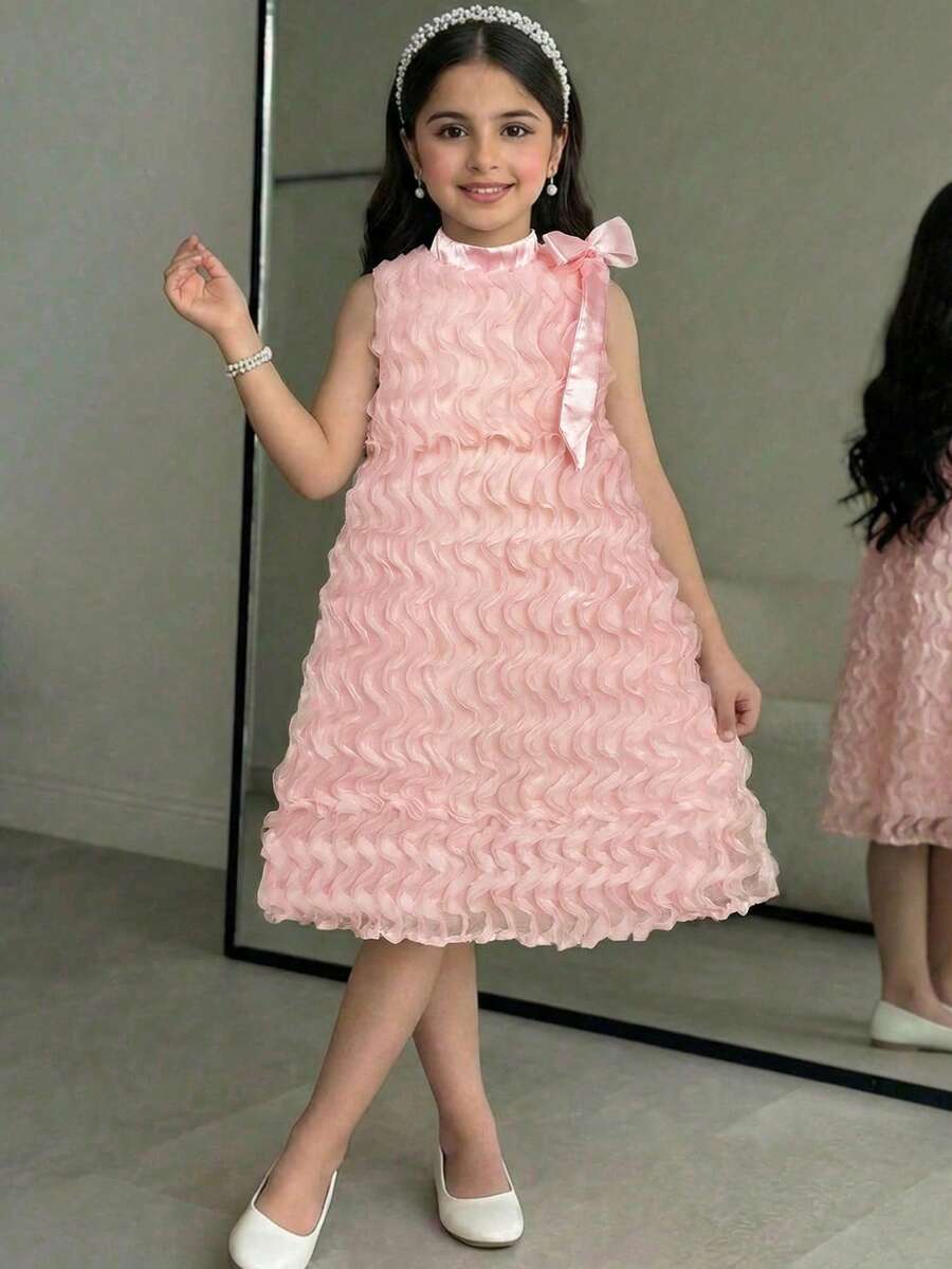 Apricot sleeveless embroidery mesh tunic princess dress for tween girls featuring appliques, stand collar, zipper closure, and short straight hem.