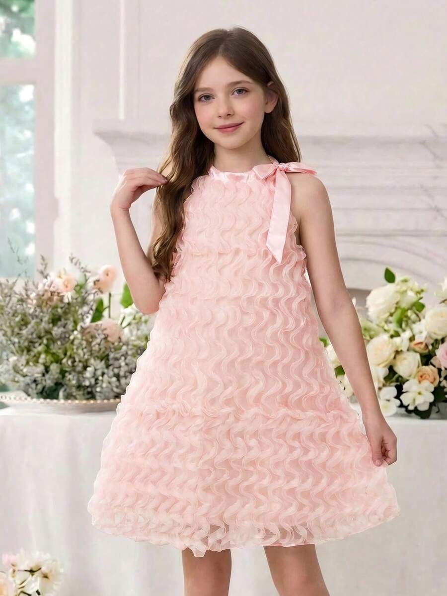Apricot sleeveless embroidery mesh tunic princess dress for tween girls featuring appliques, stand collar, zipper closure, and short straight hem.