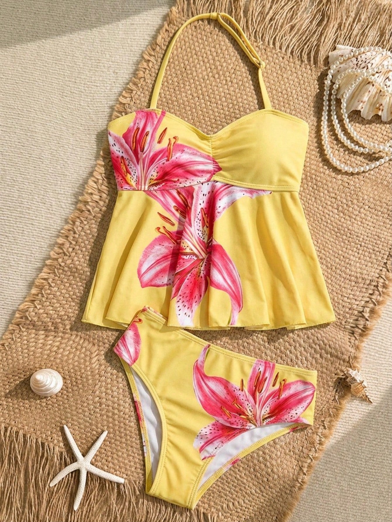 Tween Girl Tween Girl Textured Knit Apricot Halter Gold Shell Tankini Swimwear Set