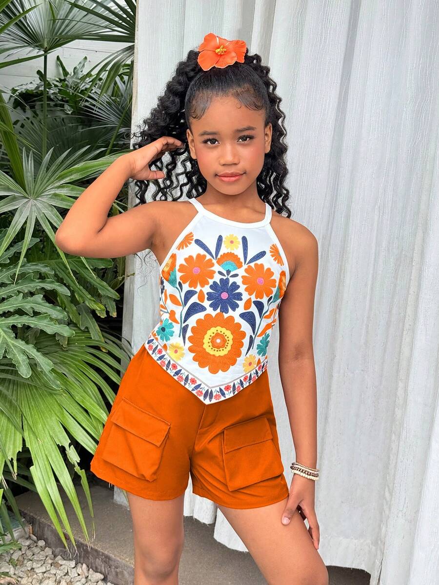 Girls 2-piece vacation outfit set with sleeveless halter knit crop top and graphic cargo shorts.