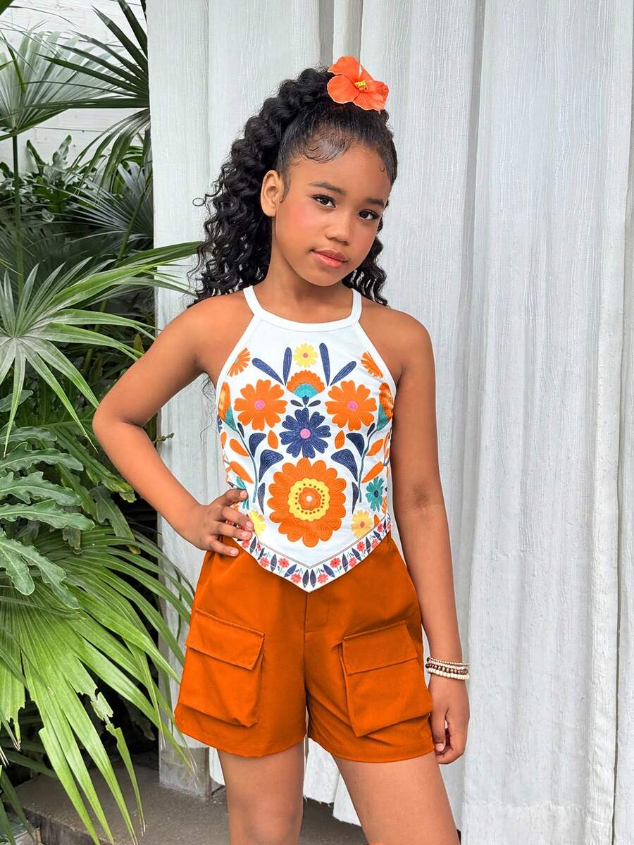 Girls 2-piece vacation outfit set with sleeveless halter knit crop top and graphic cargo shorts.