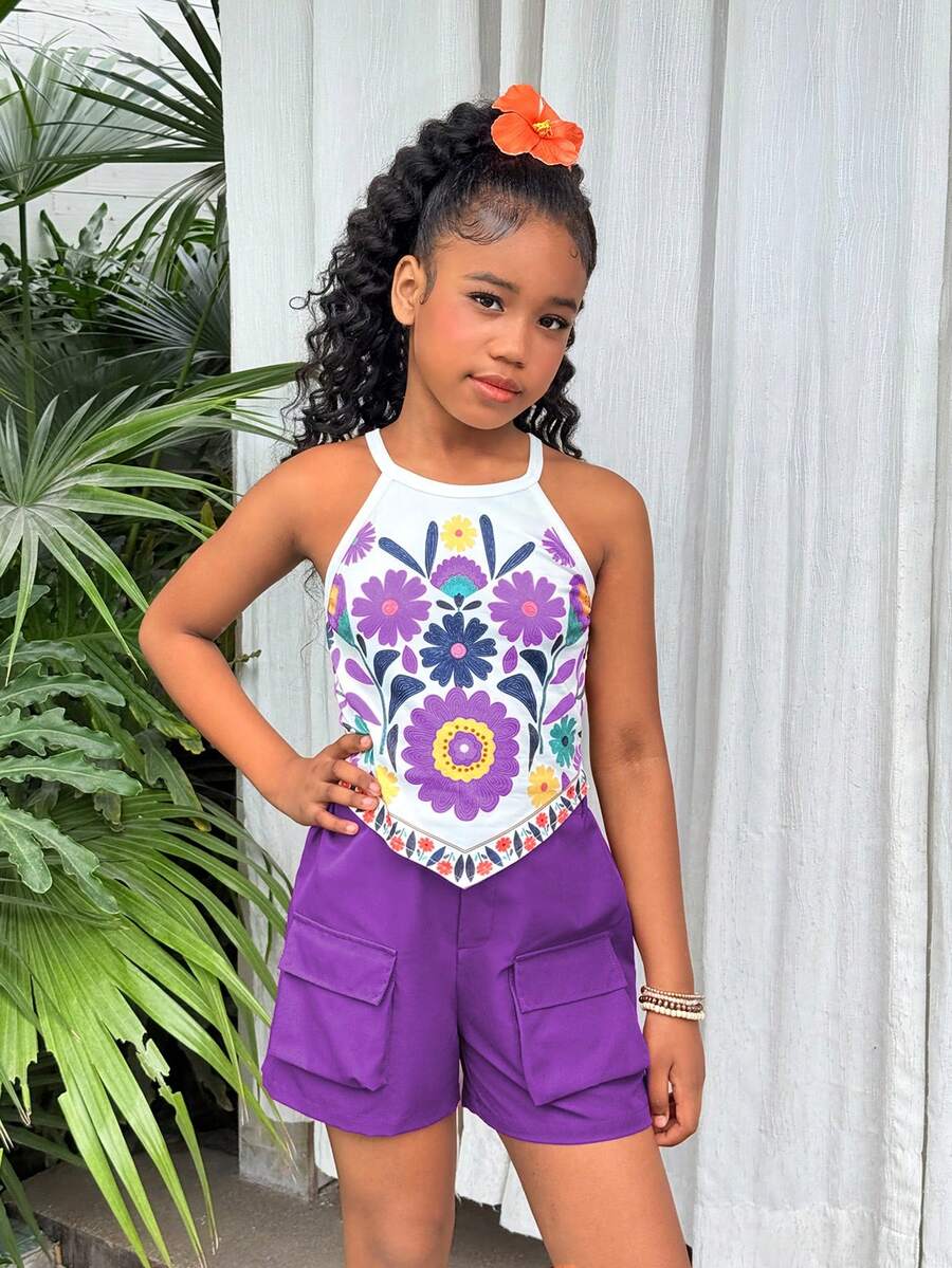 Girls 2-piece vacation outfit set with sleeveless halter knit crop top and graphic cargo shorts.