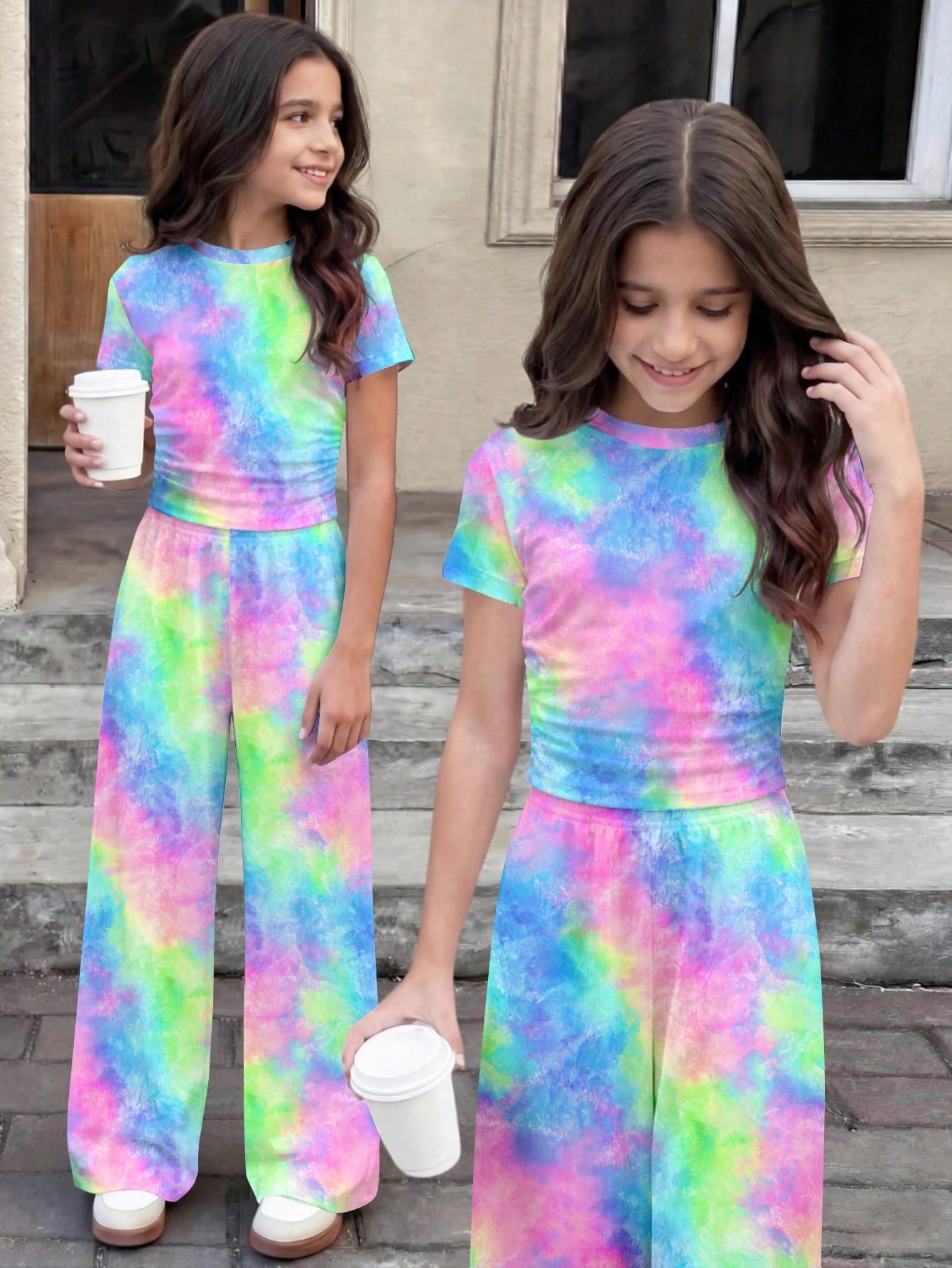 Tween girl 2-piece summer set featuring a white printed short-sleeve T-shirt and black and white striped long pants.