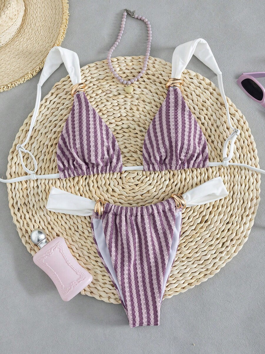 Multicolor colorblock bikini set for women featuring a wireless triangle bra top with shoulder straps and ring knot details paired with high waist high cut bottoms.