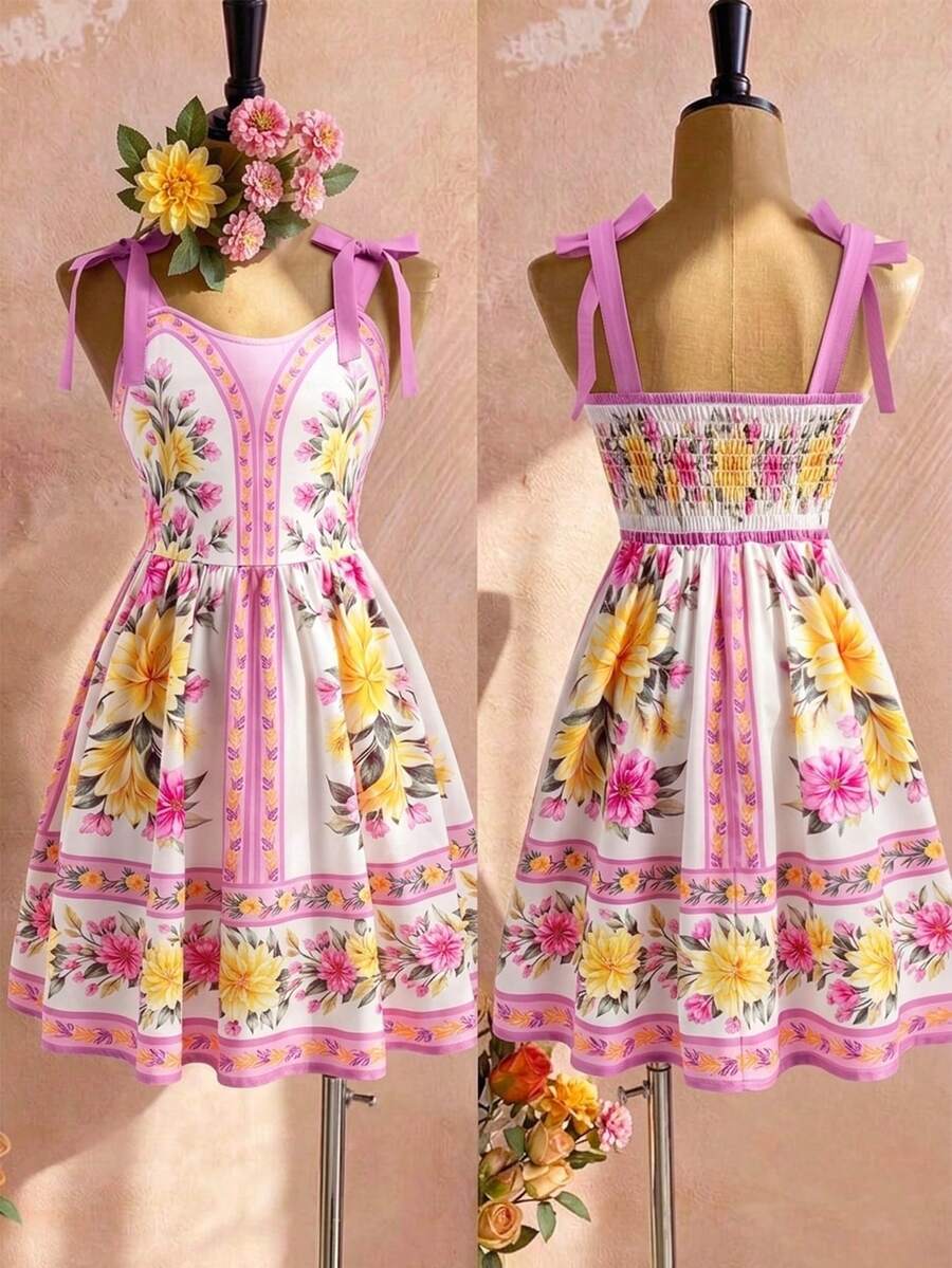 Tween girl blue plant print spaghetti strap cami dress with shirred high waist and flounce ruffled hem