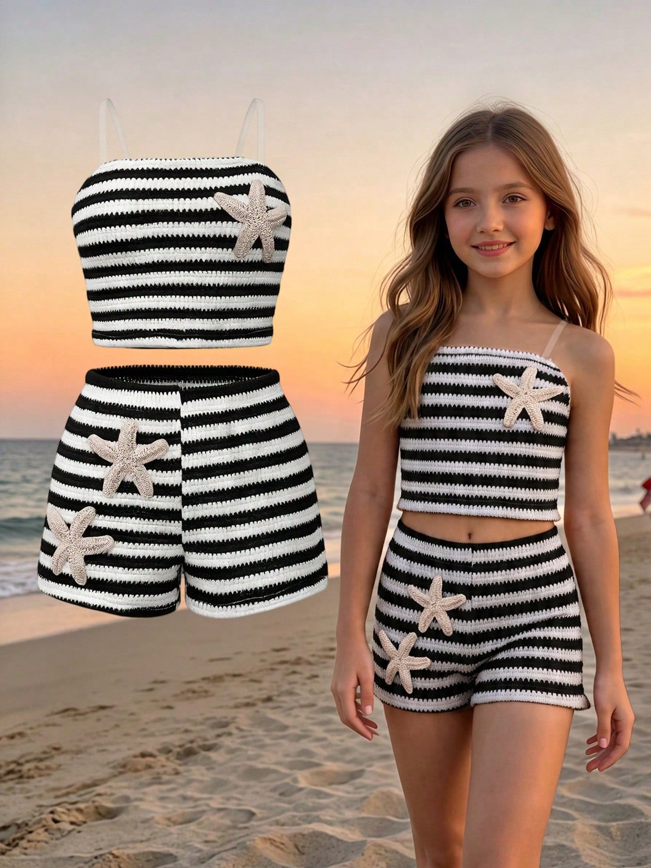 Tween girls black and white striped two-piece set featuring a spaghetti strap micro crop tank top with lettuce trim and ruffle hem paired with matching slim fit shorts.