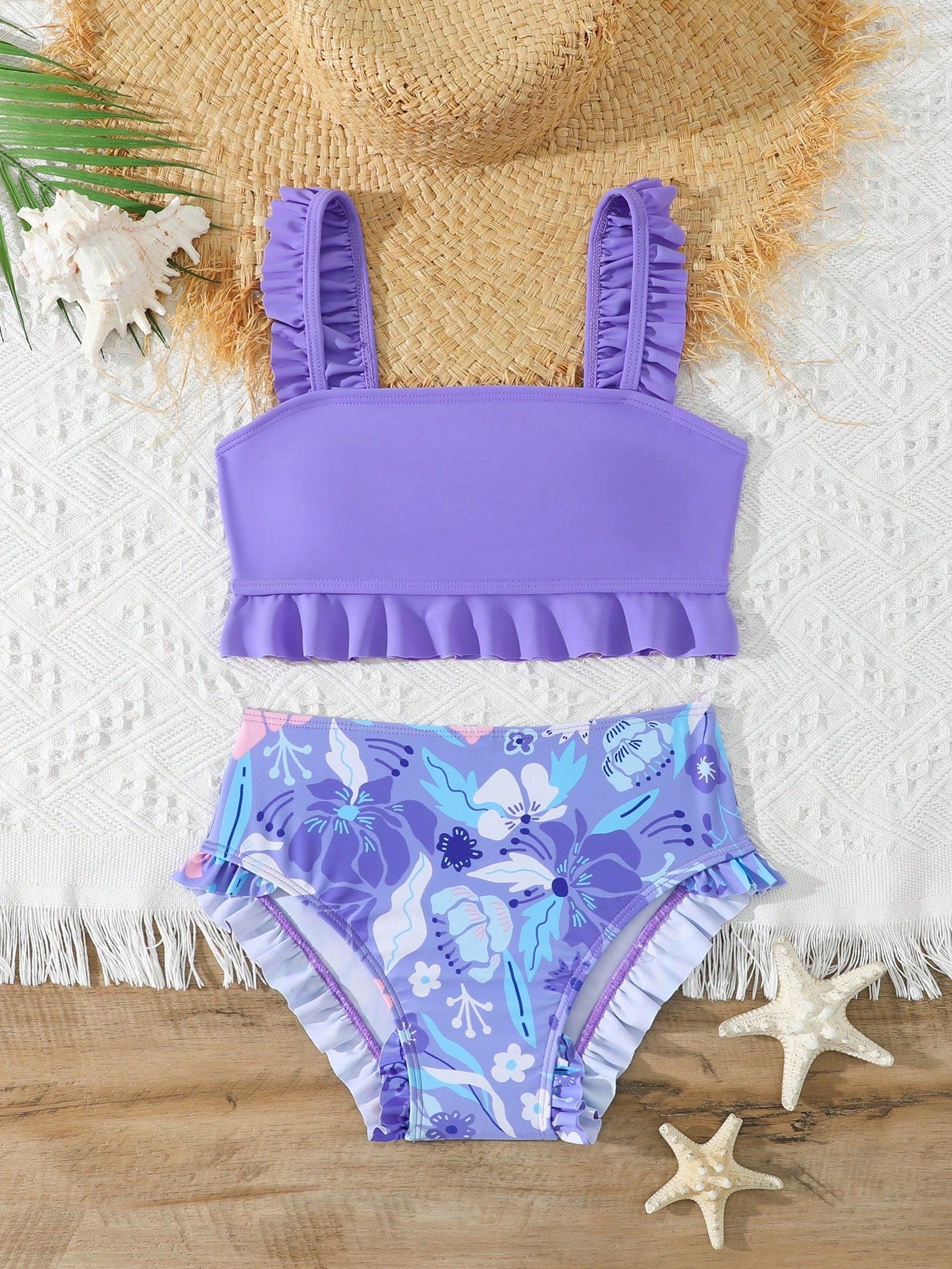 Tween girls solid color 2-piece bikini swimwear set with ruffle detail, strap neckline, wireless bikini top, and triangle mid-waist bikini bottoms; textured pattern with lined bottoms and high-stretch fabric, suitable for summer vacation.