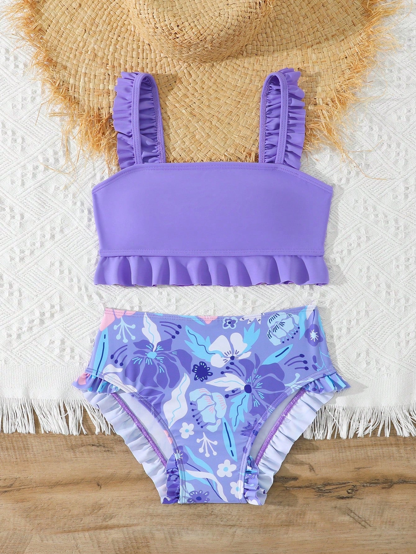 Tween girls solid color 2-piece bikini swimwear set with ruffle detail, strap neckline, wireless bikini top, and triangle mid-waist bikini bottoms; textured pattern with lined bottoms and high-stretch fabric, suitable for summer vacation.