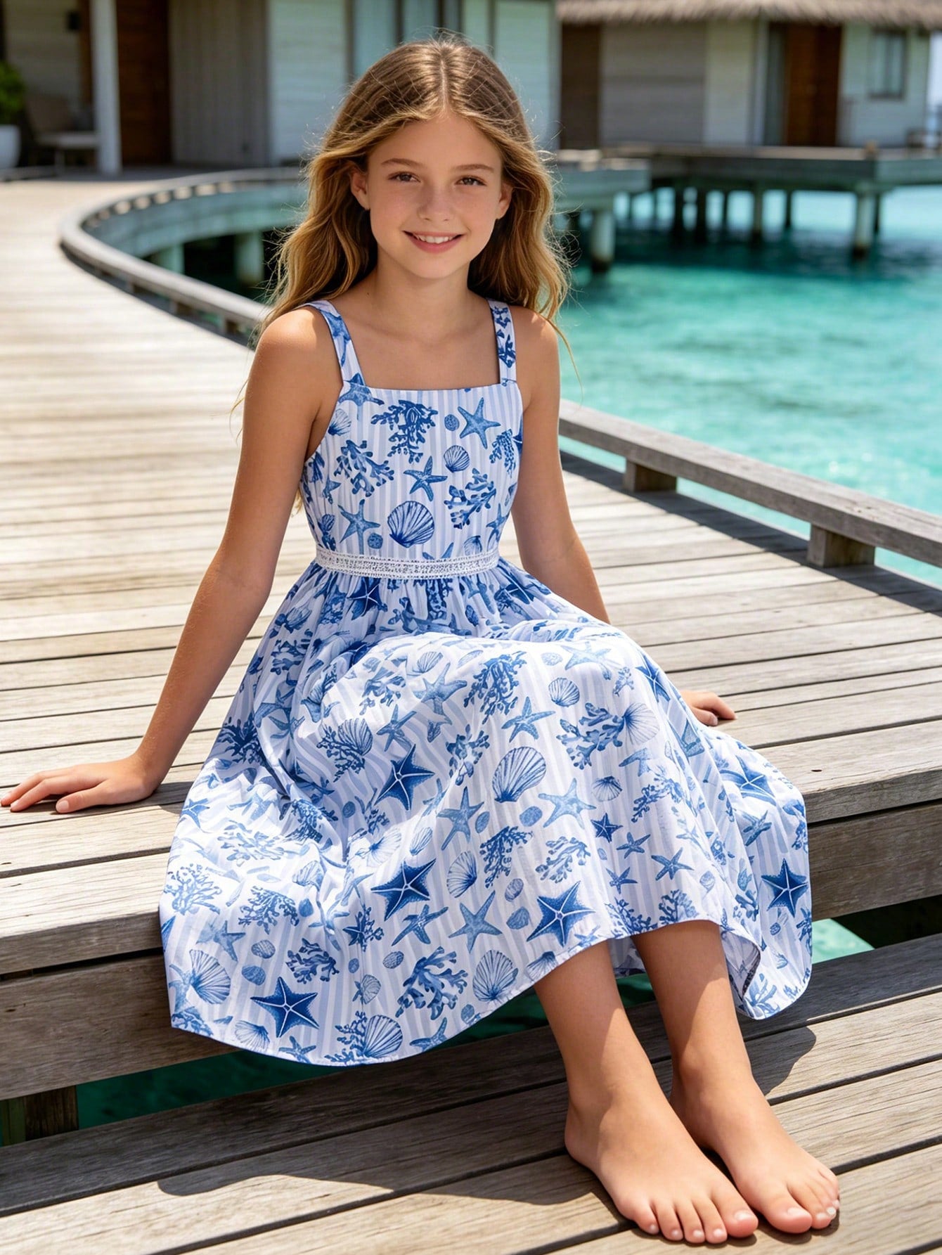 Girls spaghetti strap A-line midi dress with floral and marine-inspired vacation print, lace trim, high waist, and flared hem