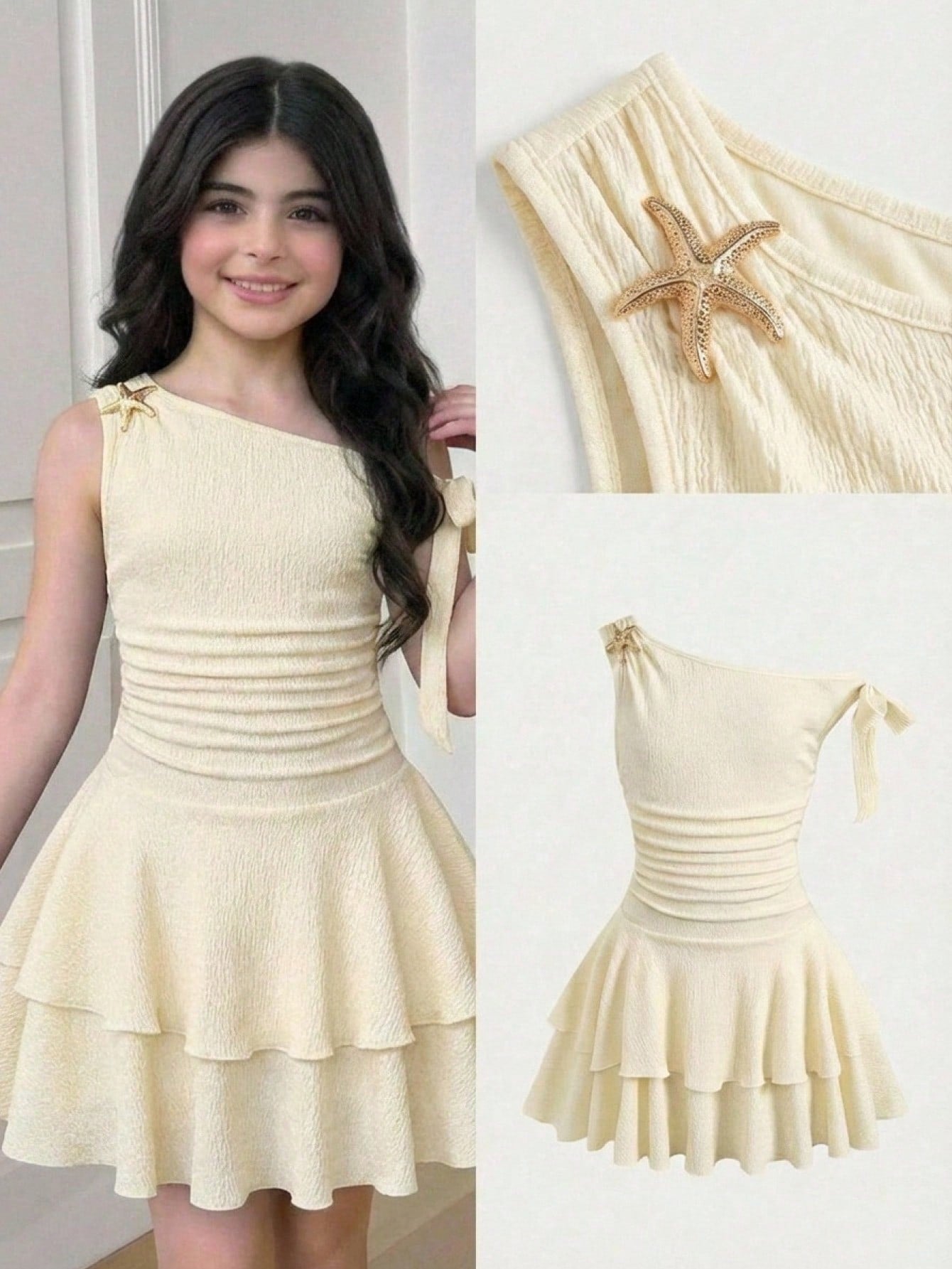 Apricot tiered asymmetrical ruffle dress for tween girls featuring short sleeves, layered hem, and slim fit A-line silhouette.